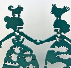 Making New Friends, sculpture by Melanie Yazzie, teal, Navajo, Korean women dog