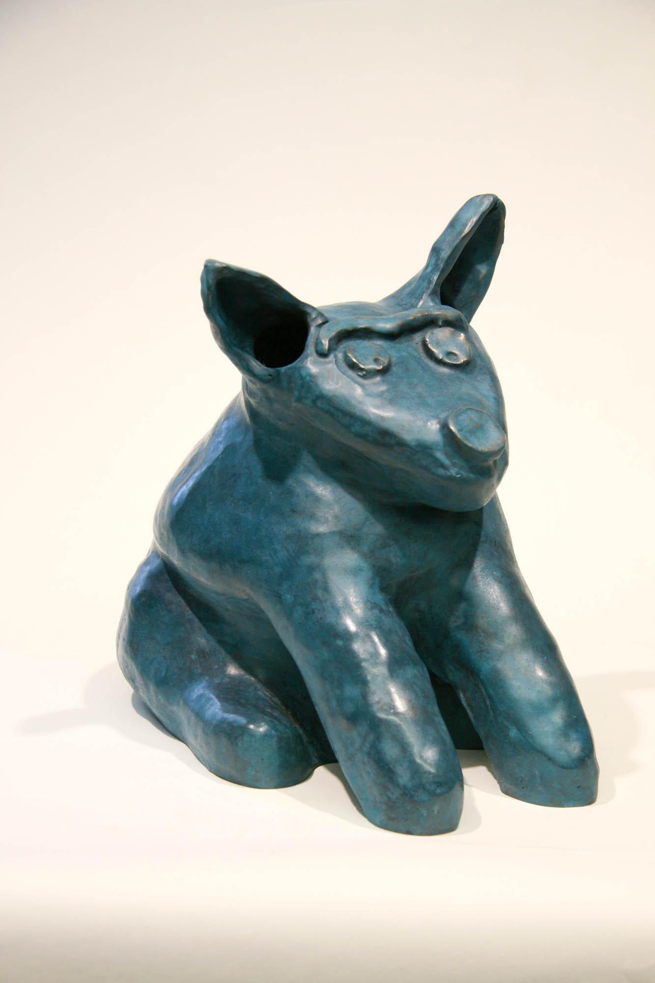 Marvin Tso Likes Green Chile Cheeseburgers, bronze dog sculpture, teal, seated - Sculpture by Melanie Yazzie