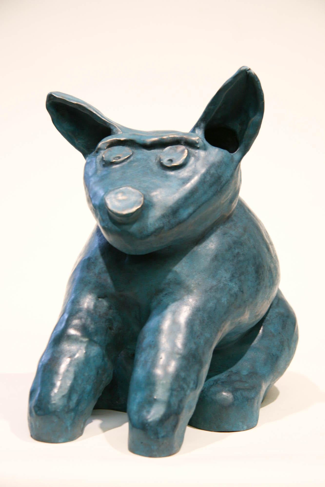 Melanie Yazzie Figurative Sculpture - Marvin Tso Likes Green Chile Cheeseburgers, bronze dog sculpture, teal, seated