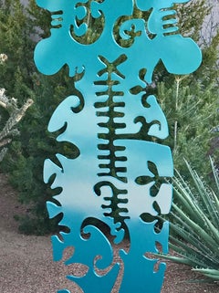 Pollen Keeper, abstract aluminum sculpture Navajo teal outdoor indoor