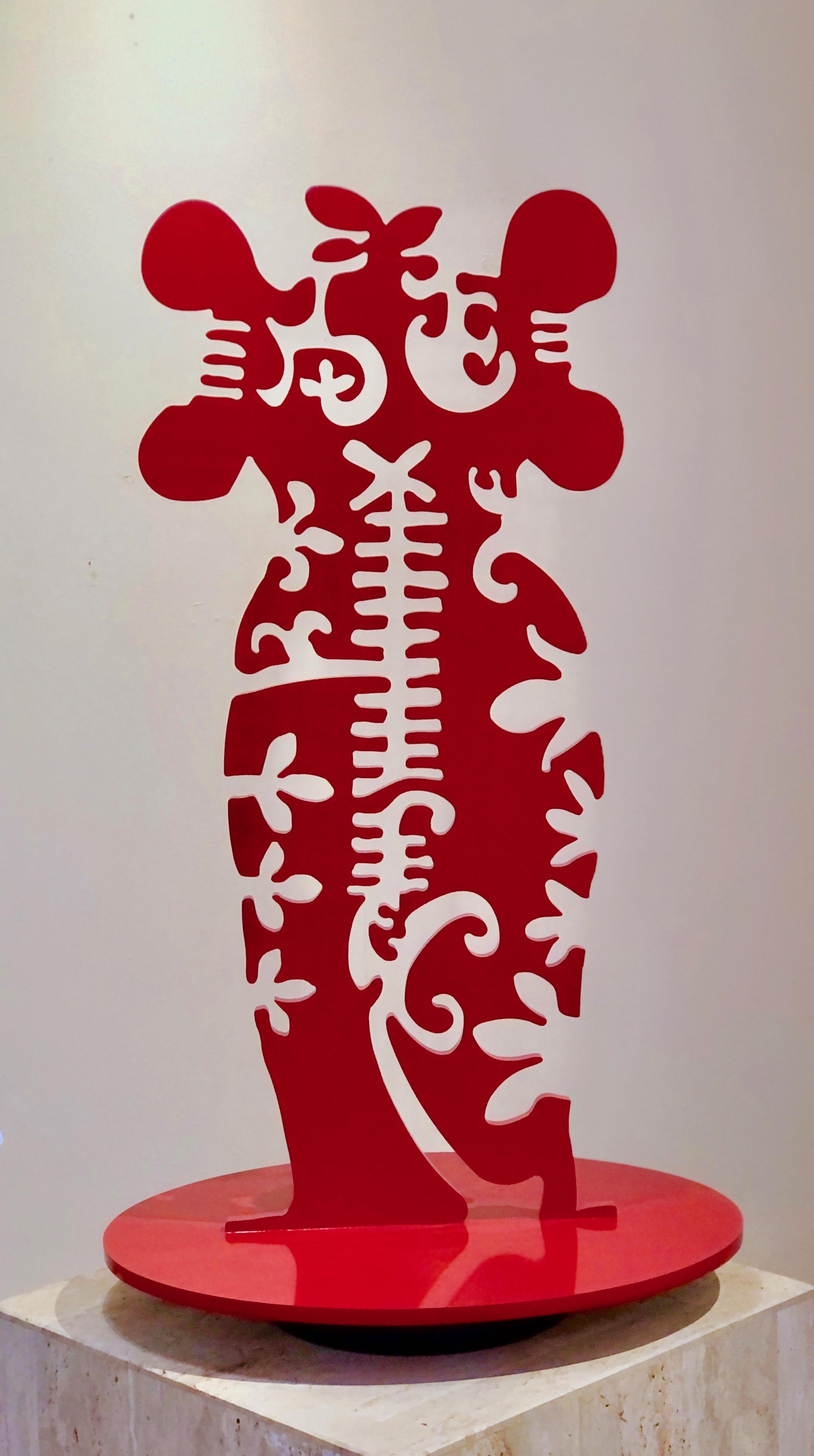 Melanie Yazzie Figurative Sculpture - Pollen Keeper, medium, aluminum, powder coat, sculpture, Navajo, Female, red