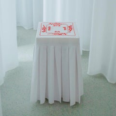 "Melatonin 'Are" Hand-Embroidered White and Red Cotton and Silk Side Table