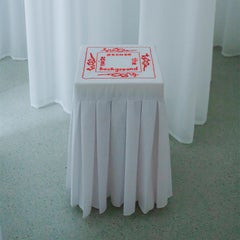 "Melatonin 'Excuse'" Hand-Embroidered White and Red Cotton and Silk Side Table