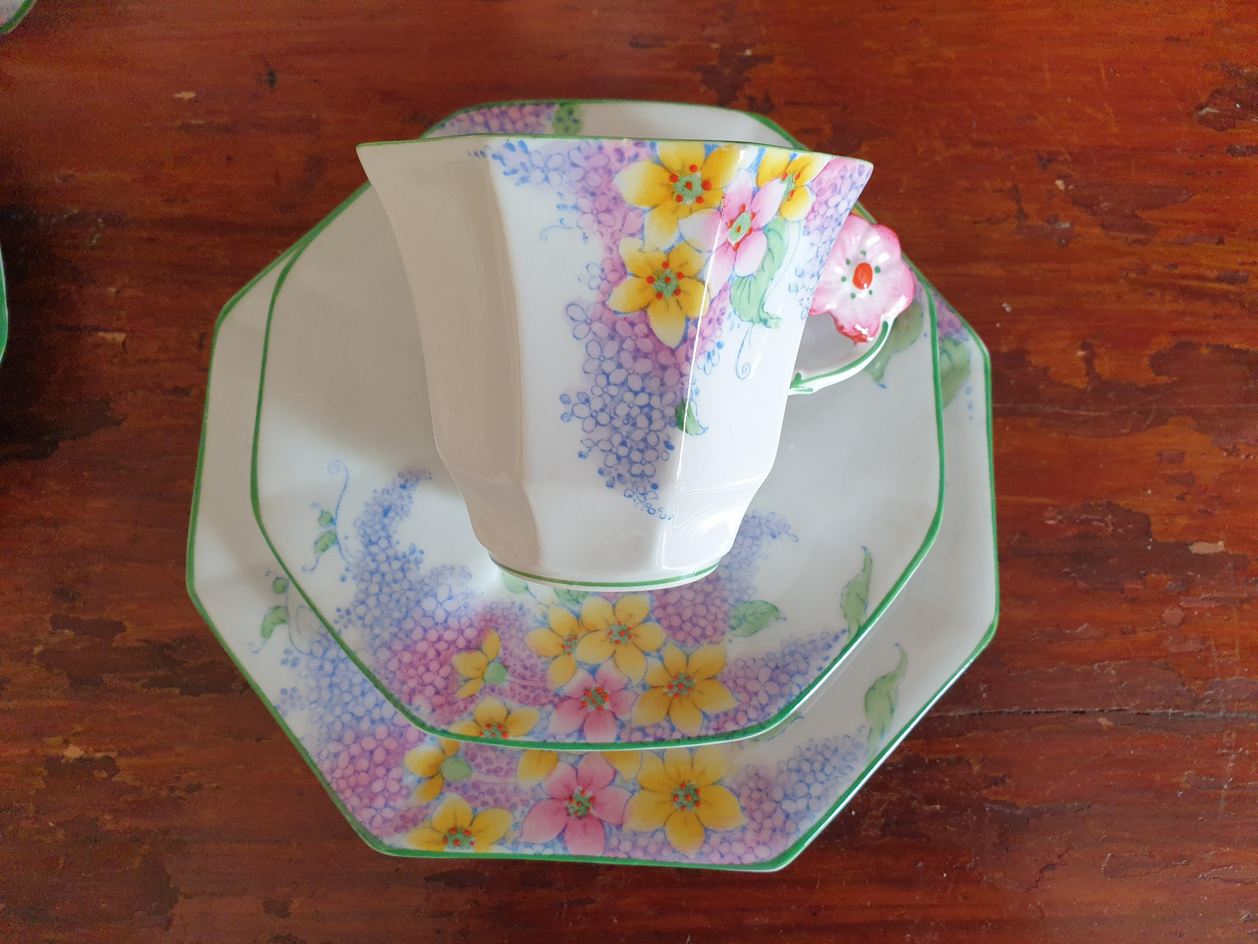 British Melba Pink Flower Handle Art Deco Tea Service For Sale