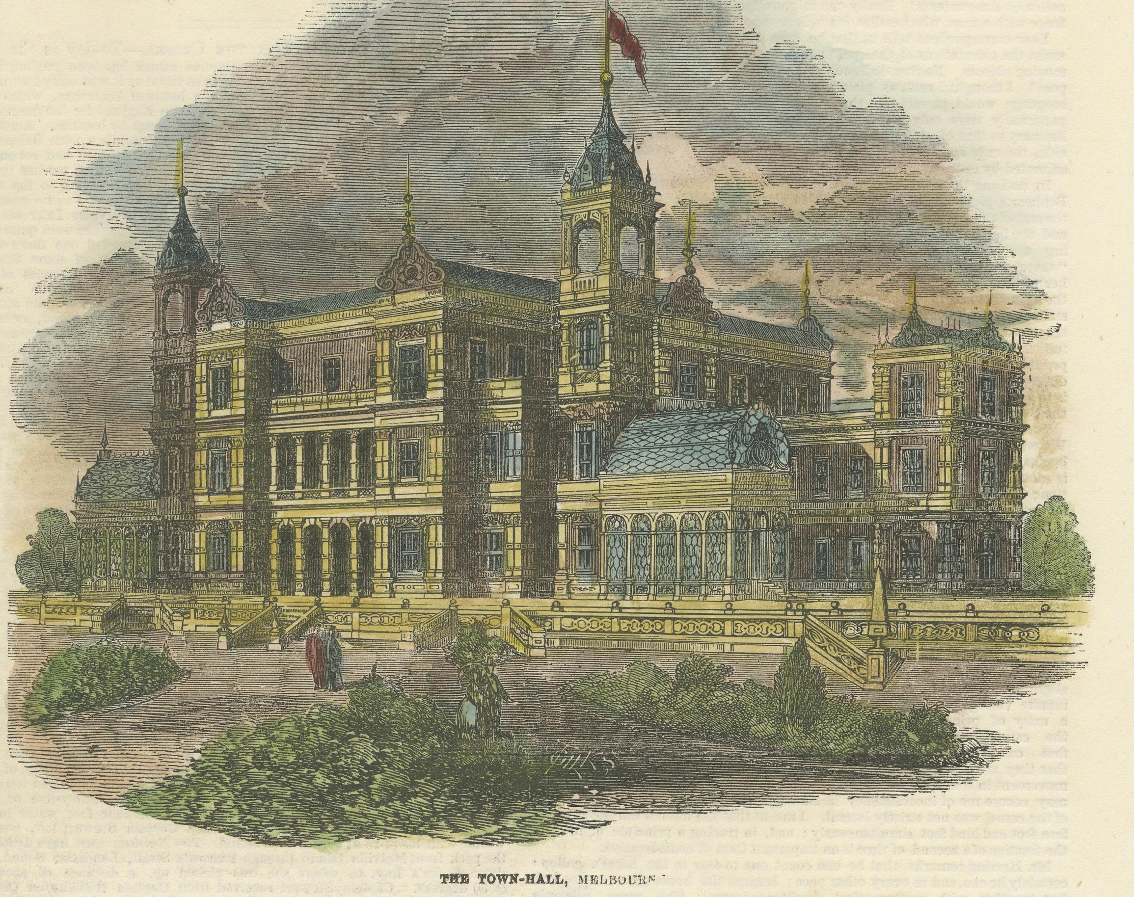 Title: Melbourne in 1855: Cityscape, Indigenous Portrait, and Town Hall View  

Description:  This hand-colored woodcut engraving, published in *The Illustrated London News* on November 24, 1855, provides a vivid and multifaceted view of Melbourne