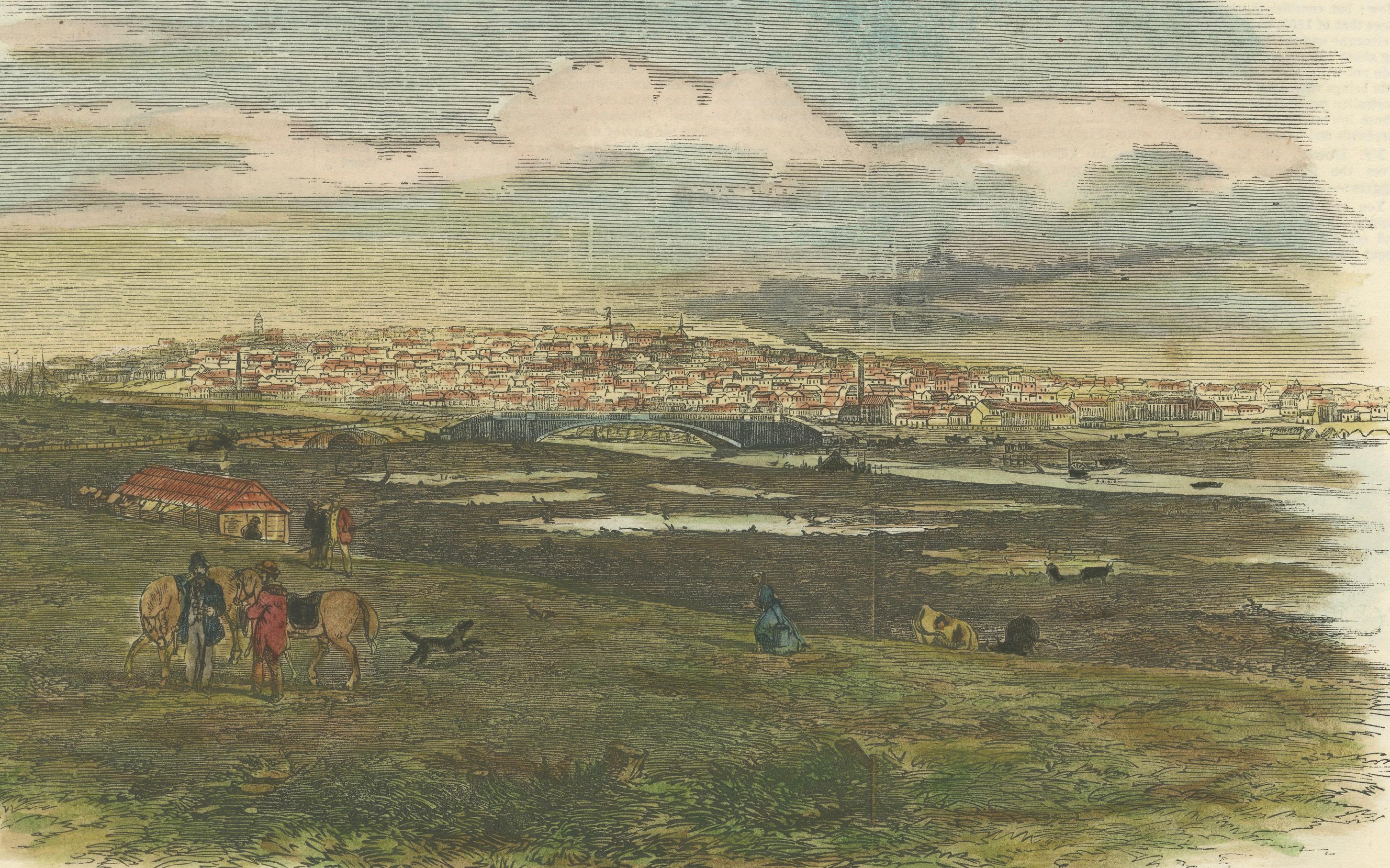 Mid-19th Century Melbourne in 1855: Cityscape, Indigenous Portrait, and Town Hall View For Sale