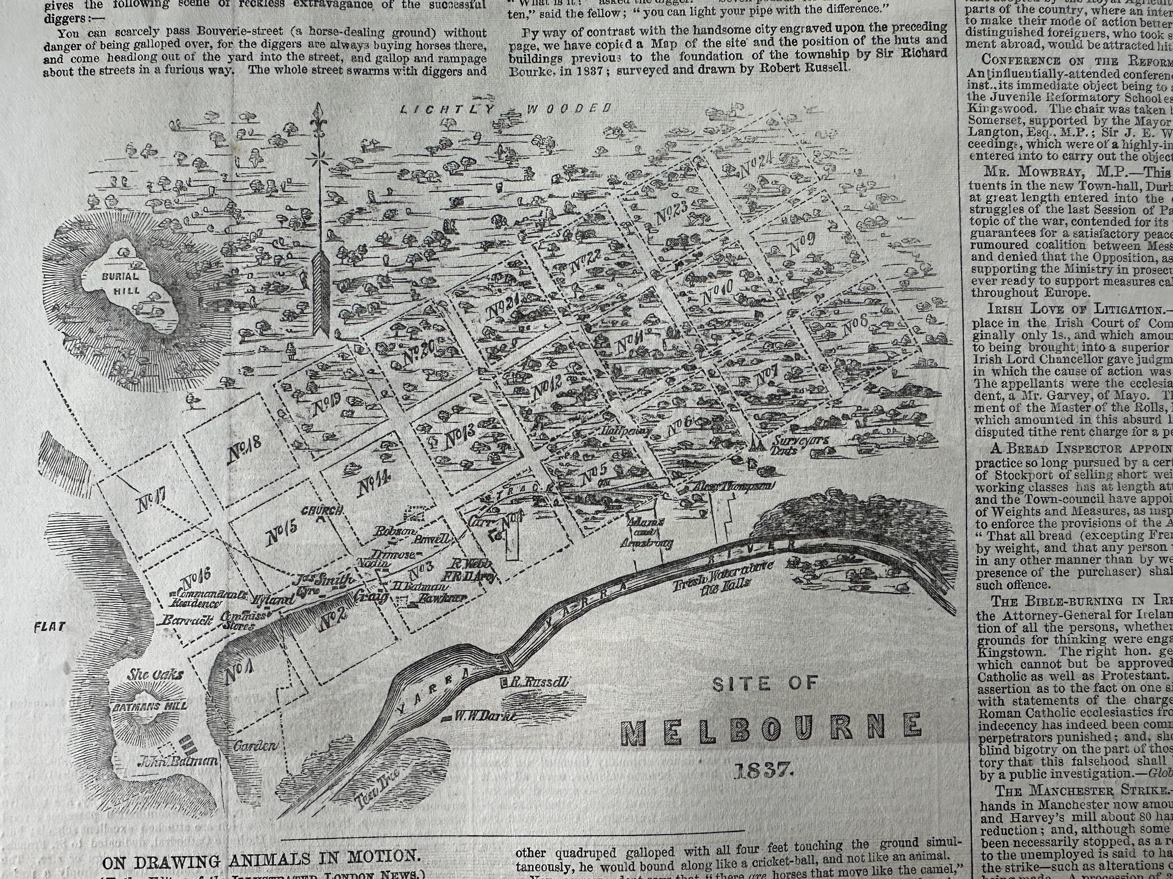 Paper Melbourne in 1855: Cityscape, Indigenous Portrait, and Town Hall View For Sale