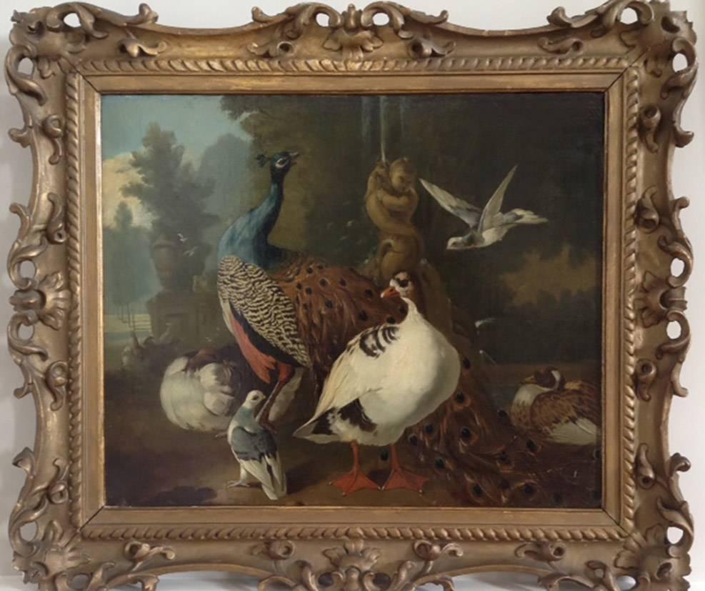 Circle of Hondecoeter (1636-1695) A peacock, goose and birds in a park landscape - Painting by Melchior d'Hondecoeter