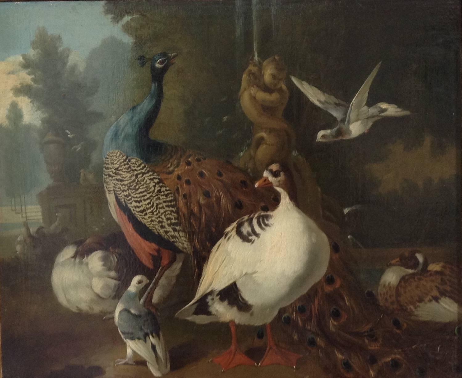 Melchior d'Hondecoeter Animal Painting - Circle of Hondecoeter (1636-1695) A peacock, goose and birds in a park landscape