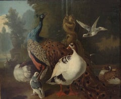 Antique Circle of Hondecoeter (1636-1695) A peacock, goose and birds in a park landscape