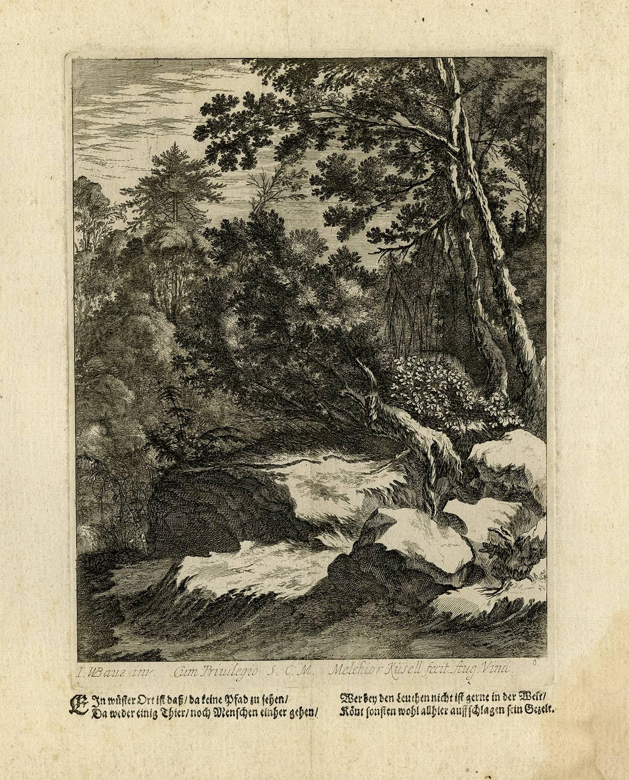 Melchior Kusell Landscape Print - Untitled - Wooded landscape with rocks.