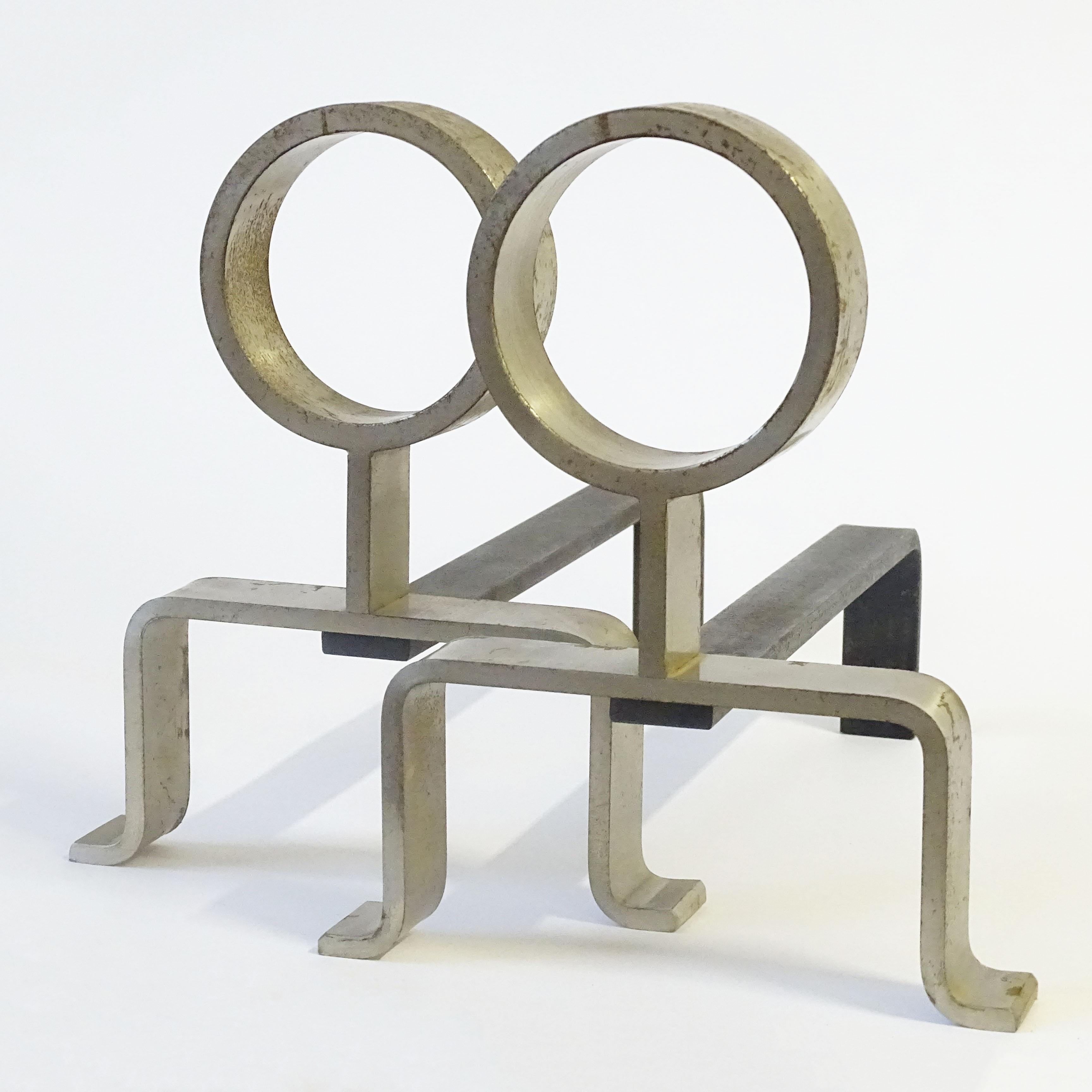 Brass Melchiorre Bega Andirons in black steel and nickel For Sale