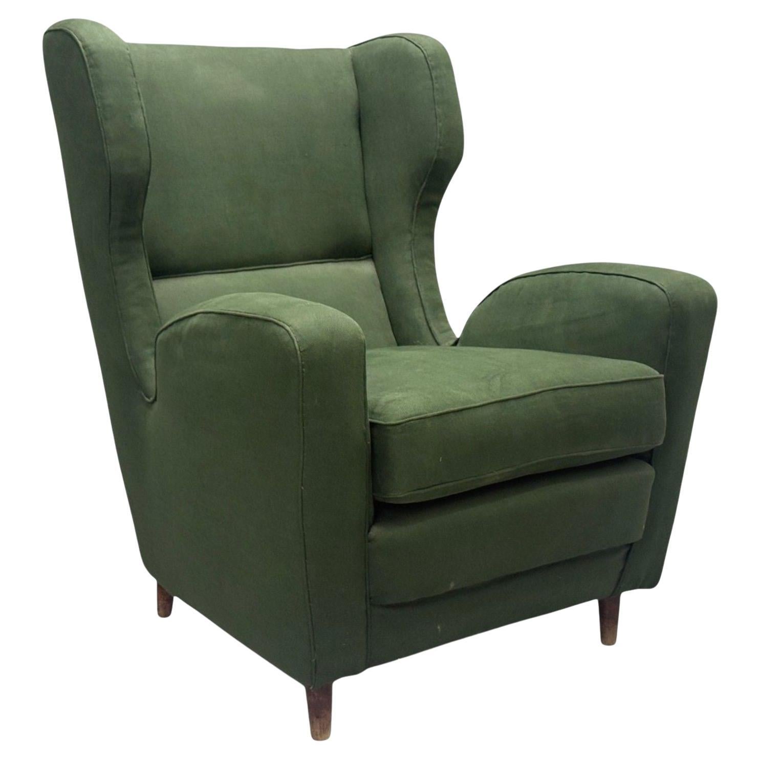 Melchiorre Bega attr., Dark Green Fabric, Wood, Lounge Chair, Italy, 1950s For Sale