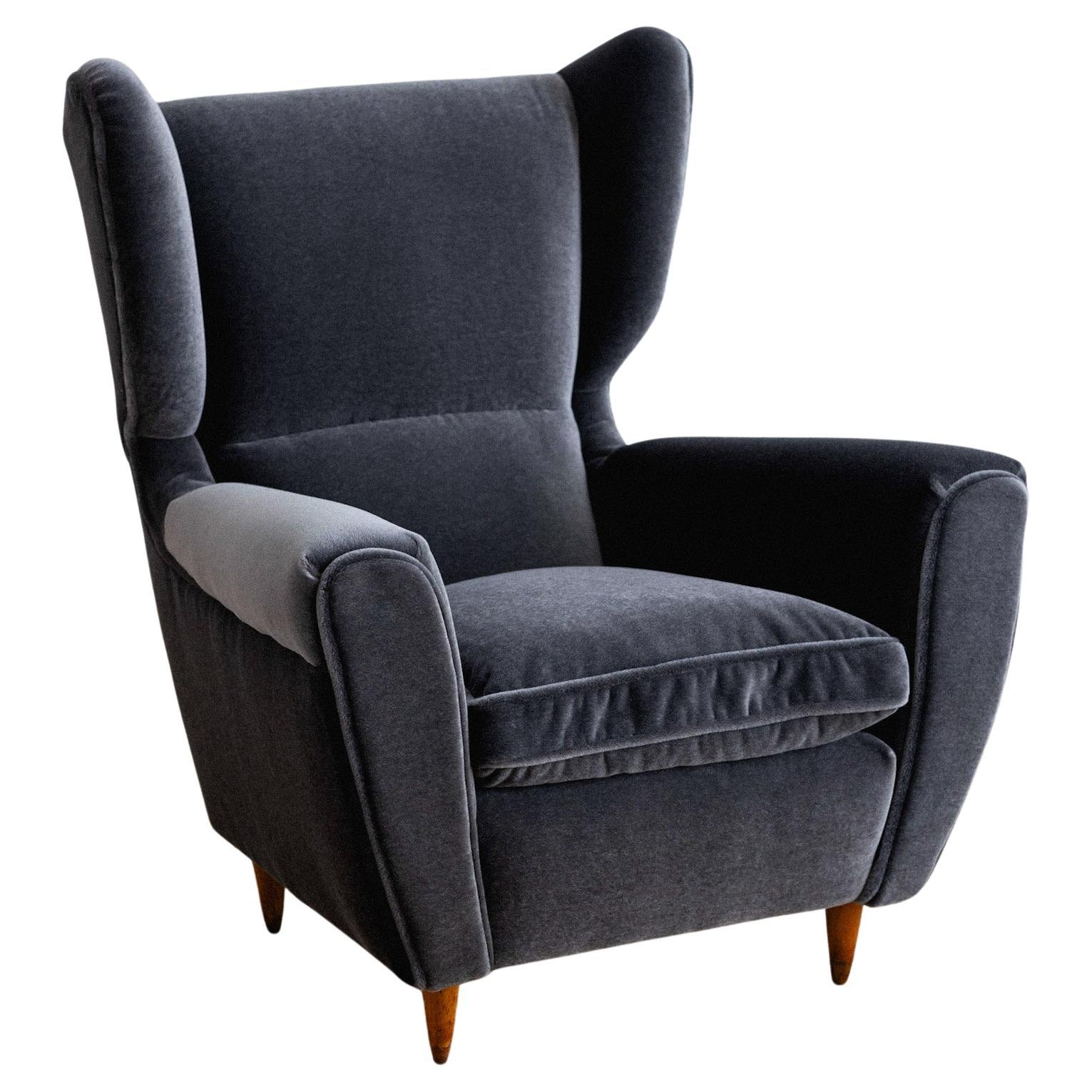 Melchiorre Bega Attributed Italian Wingback Armchair in Grey Mohair For Sale