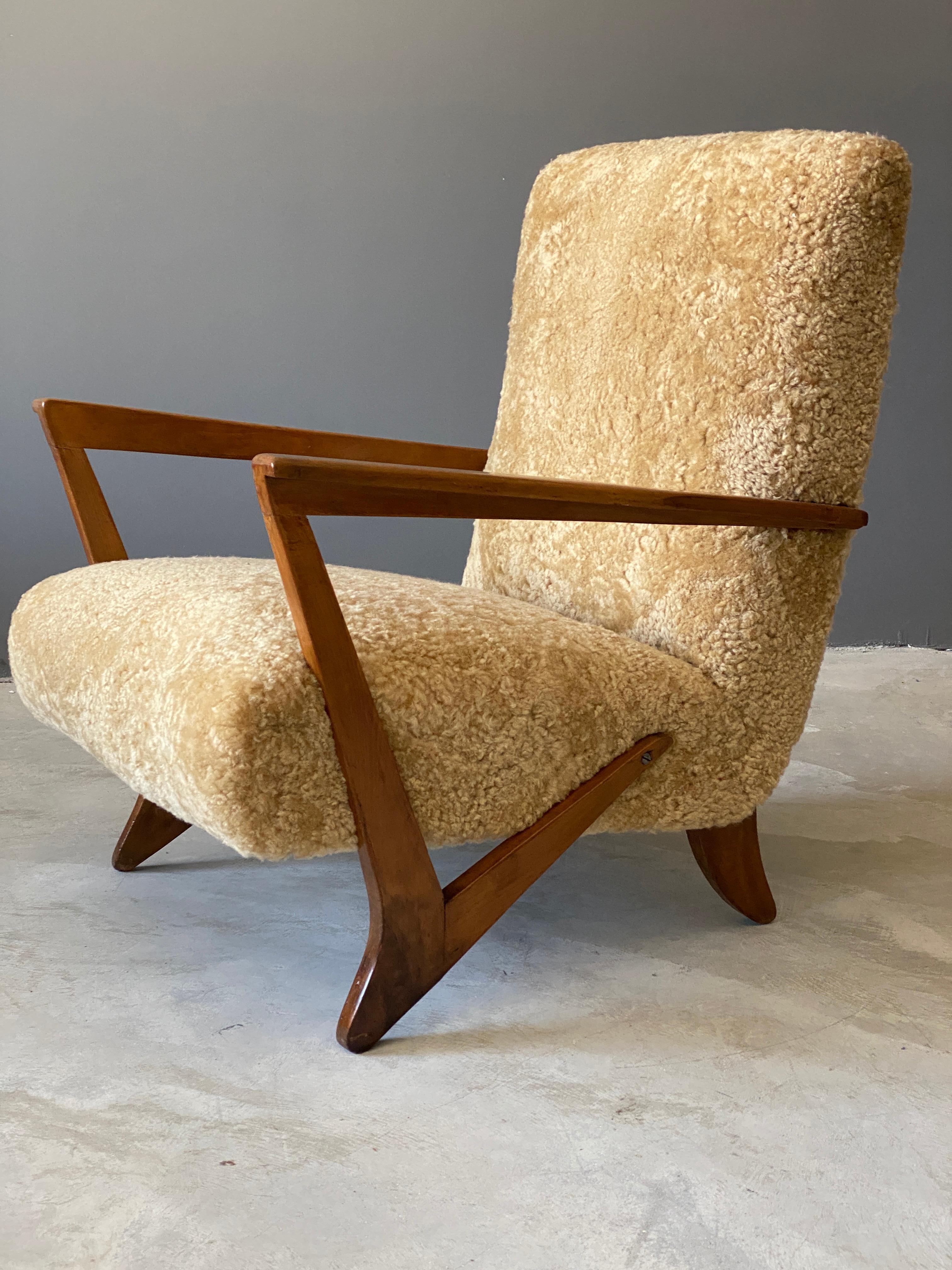 Organic Modern Melchiorre Bega 'attributed' Organic Lounge Chairs, Beige Sheepskin, Wood, 1940s