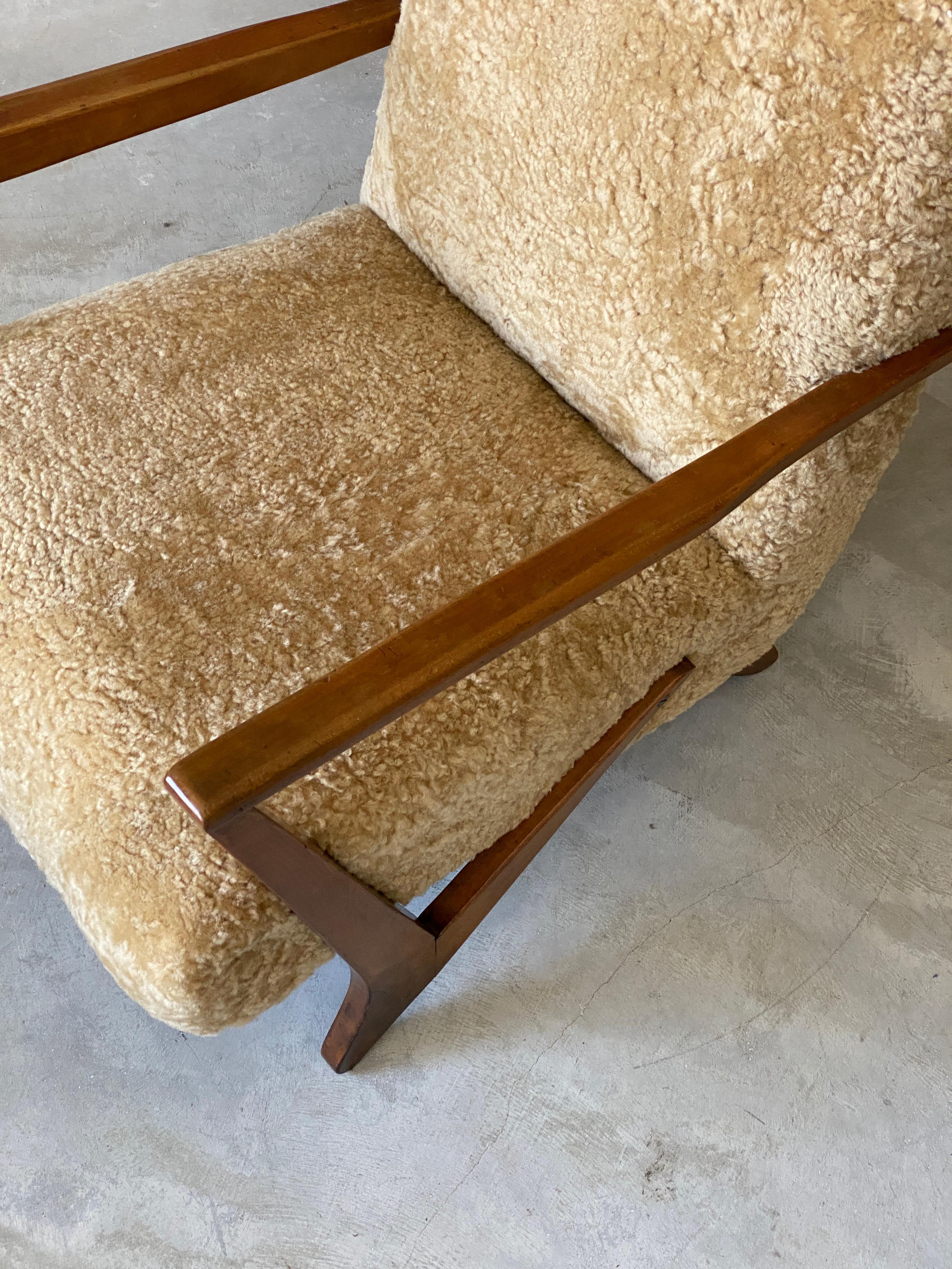 Italian Melchiorre Bega 'attributed' Organic Lounge Chairs, Beige Sheepskin, Wood, 1940s