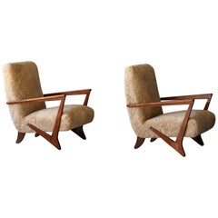 Melchiorre Bega 'attributed' Organic Lounge Chairs, Beige Sheepskin, Wood, 1940s