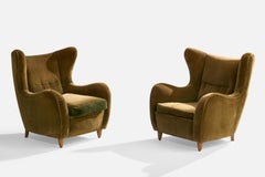 Melchiorre Bega Attribution, Lounge Chairs, Velvet, Walnut, Italy, 1940s