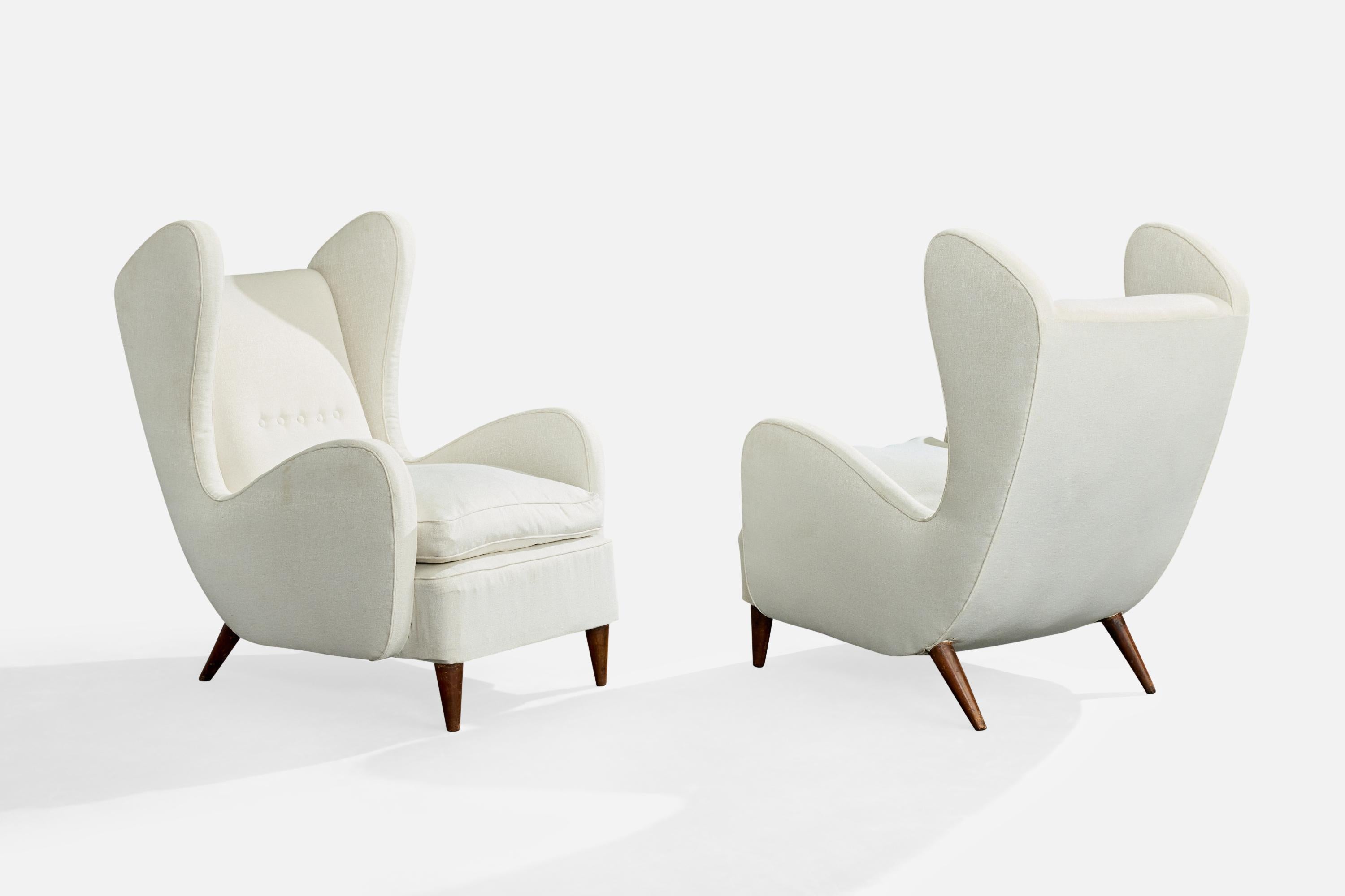 Melchiorre Bega Attribution, Lounge Chairs, Wood, Fabric, Italy, 1940s Moderno de mediados de siglo en venta