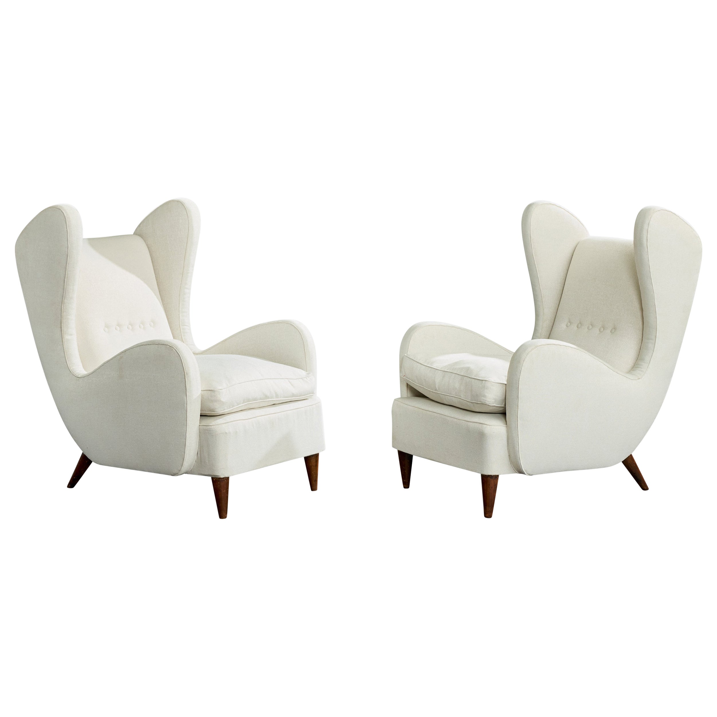 Melchiorre Bega Attribution, Lounge Chairs, Wood, Fabric, Italy, 1940s