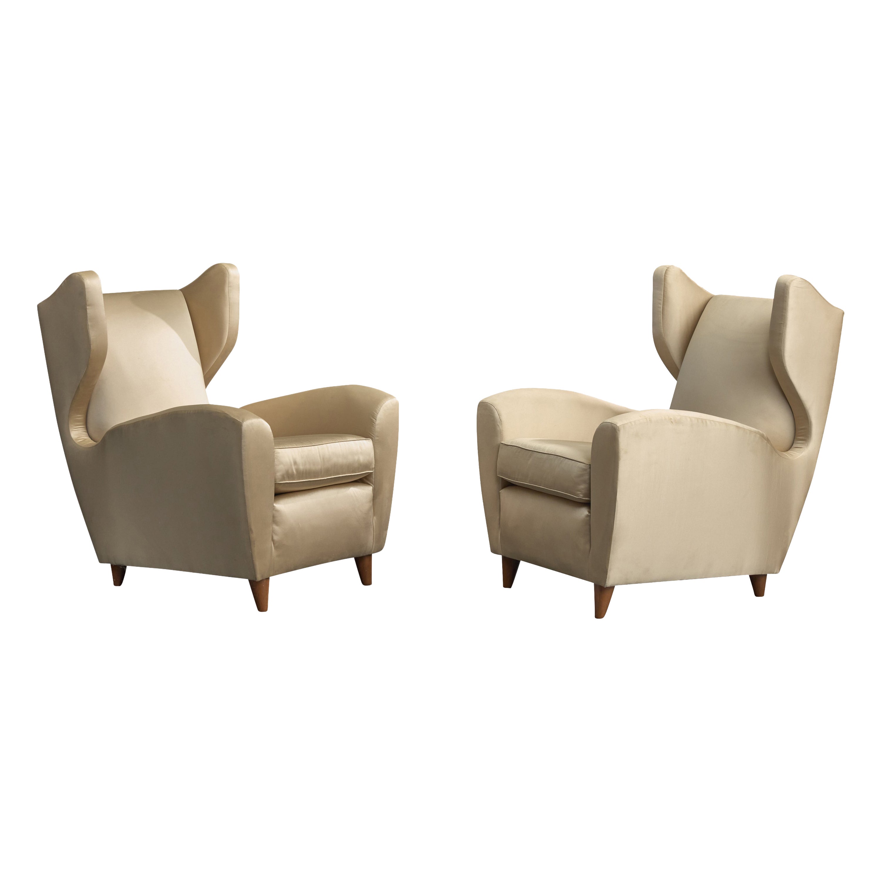 Melchiorre Bega Attribution, Lounge Chairs, Wood, Fabric, Italy, 1940s For Sale