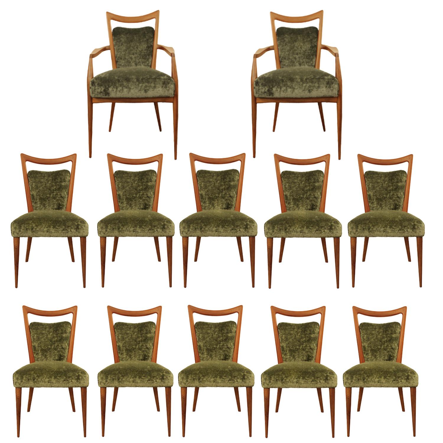 Stunning Set of 12 mid-century modern dining chairs (2 Arm and 10 Side) in walnut,  upholstered in lush forest green crushed linen velvet by Holly Hunt.

This large ensemble of dining chairs has been refinished and reupholstered by Venfield and is