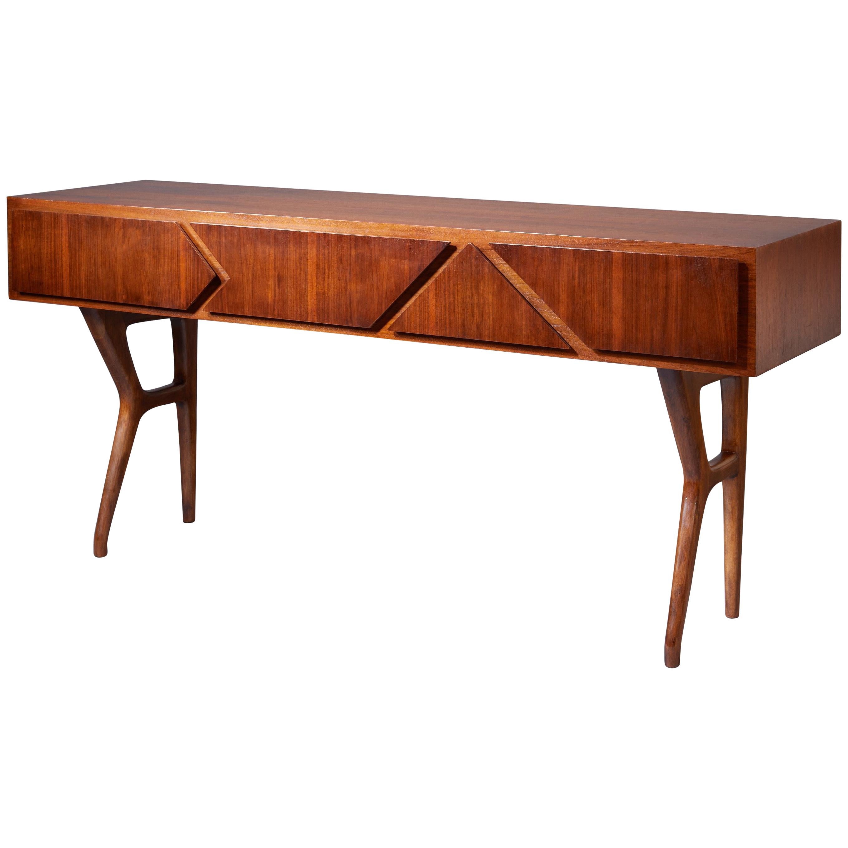 Melchiorre Bega: Important Geometric Four Drawer Console in Walnut, Italy 1950s