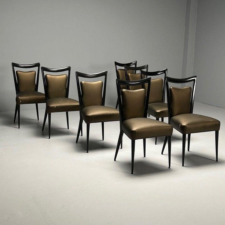 Fabric Melchiorre Bega, Italian Mid-Century Modern, Dining Chairs, Table, Black Lacquer For Sale