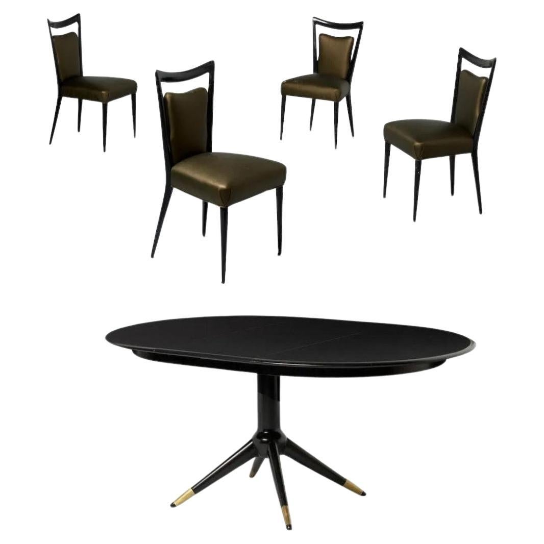 Melchiorre Bega, Italian Mid-Century Modern, Dining Chairs, Table, Black Lacquer For Sale