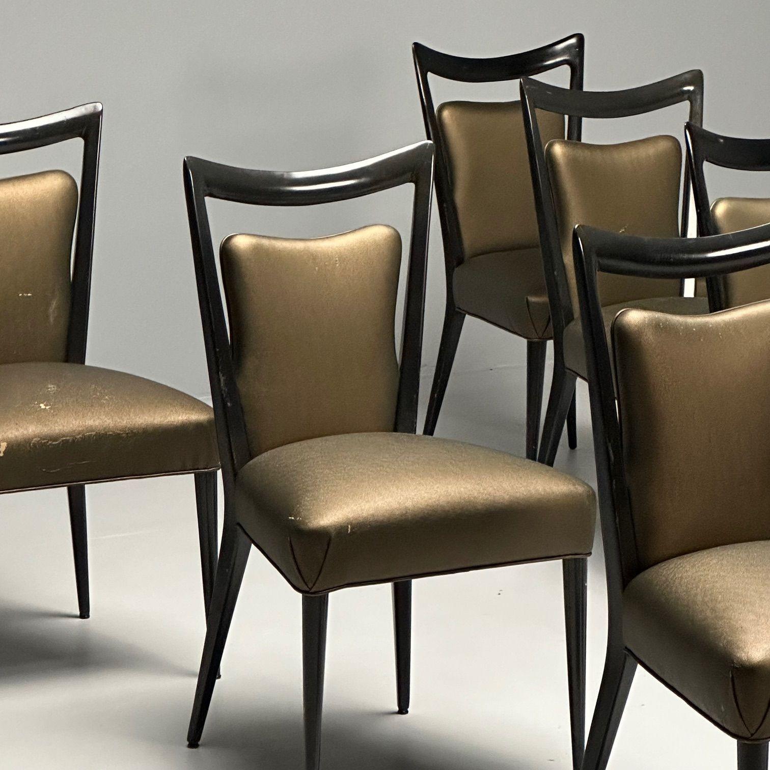 Fabric Melchiorre Bega, Italian Mid-Century Modern, Eight Dining Chairs, Black Lacquer For Sale