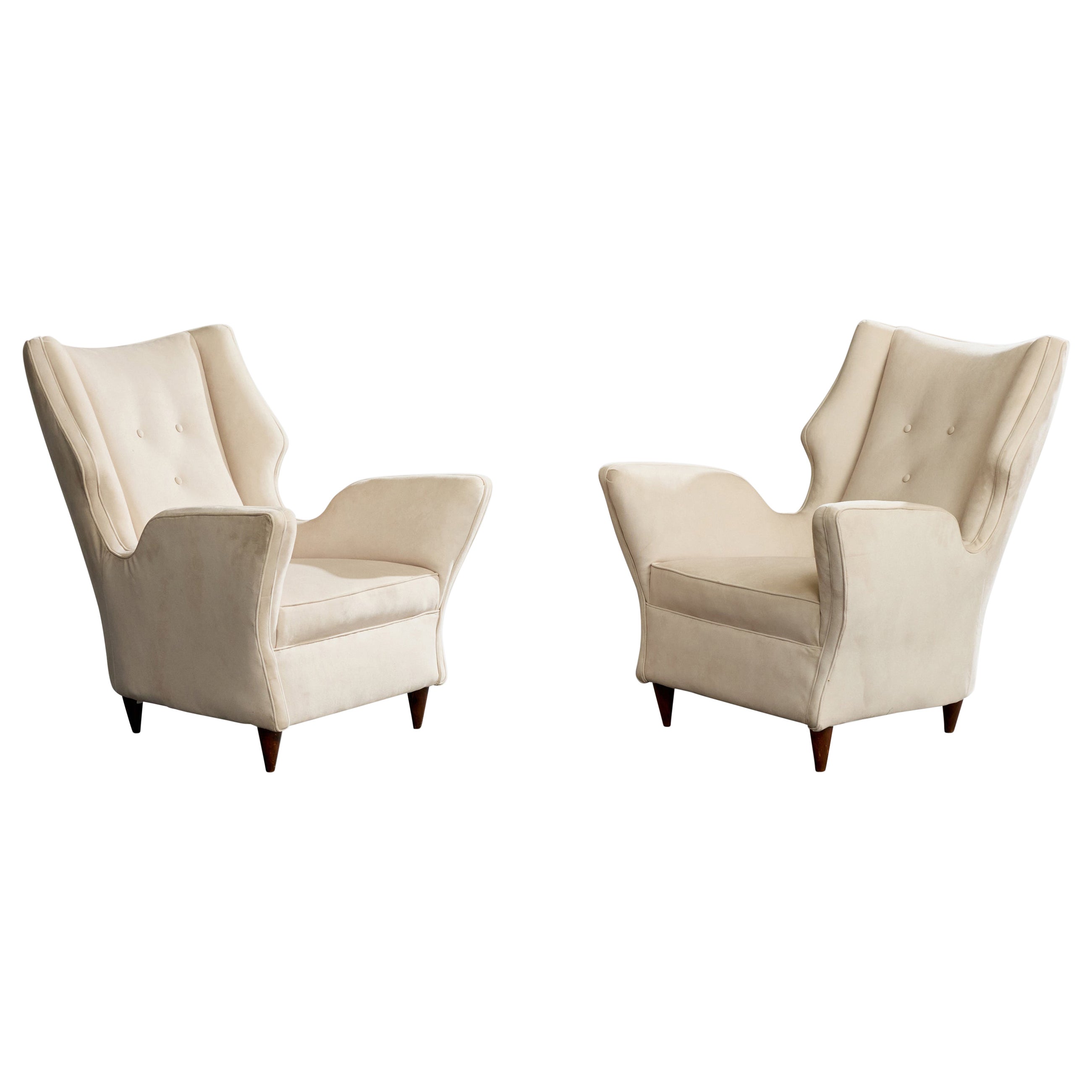 Melchiorre Bega, Lounge Chairs, Fabric, Walnut, Italy, 1950s