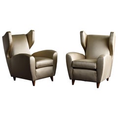 Melchiorre Bega, Lounge or Wingback Chairs in Light Gold Fabric, Italy, 1950s