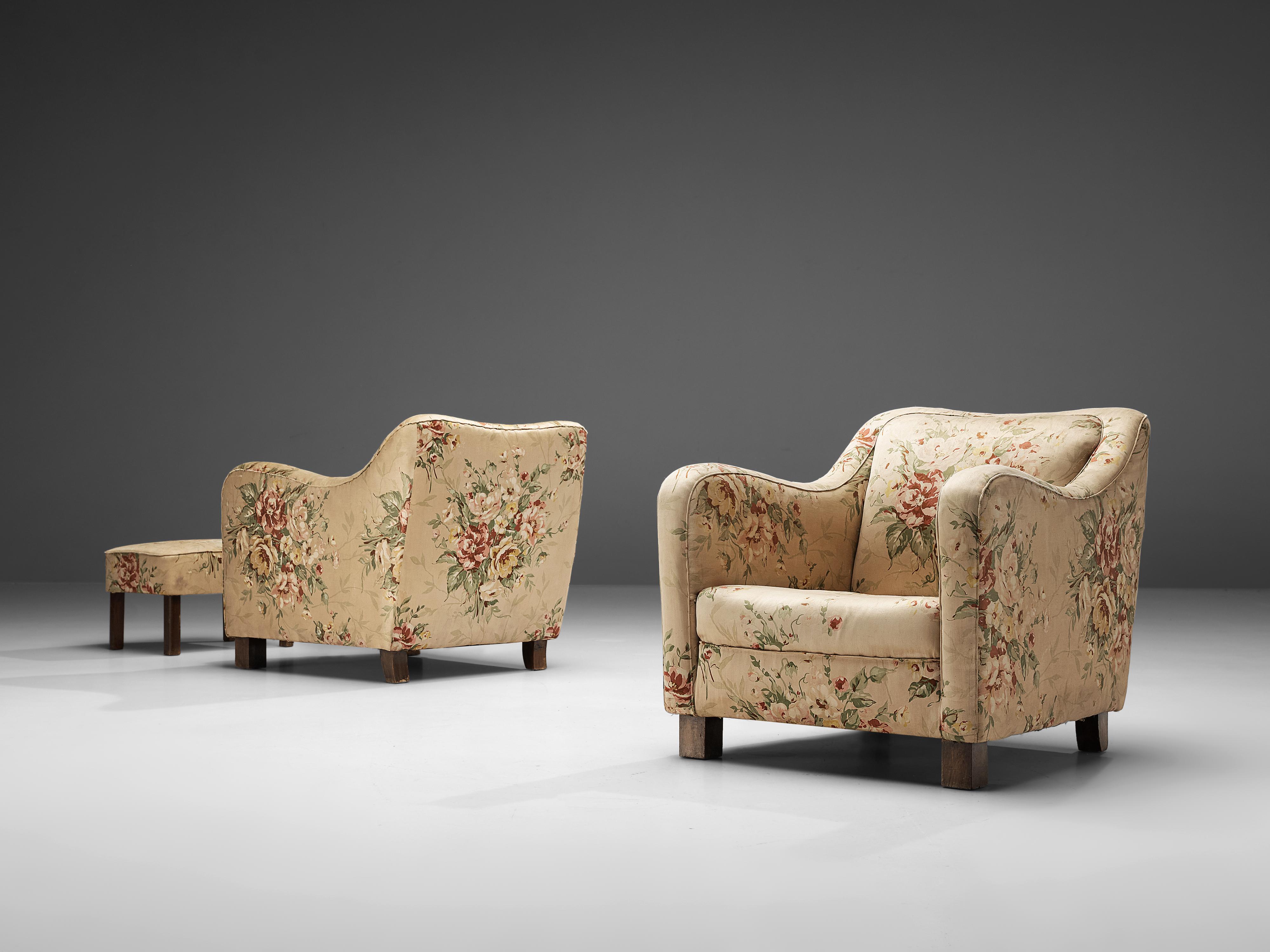 Mid-Century Modern Melchiorre Bega Pair of Lounge Chairs and Ottoman in Floral Upholstery