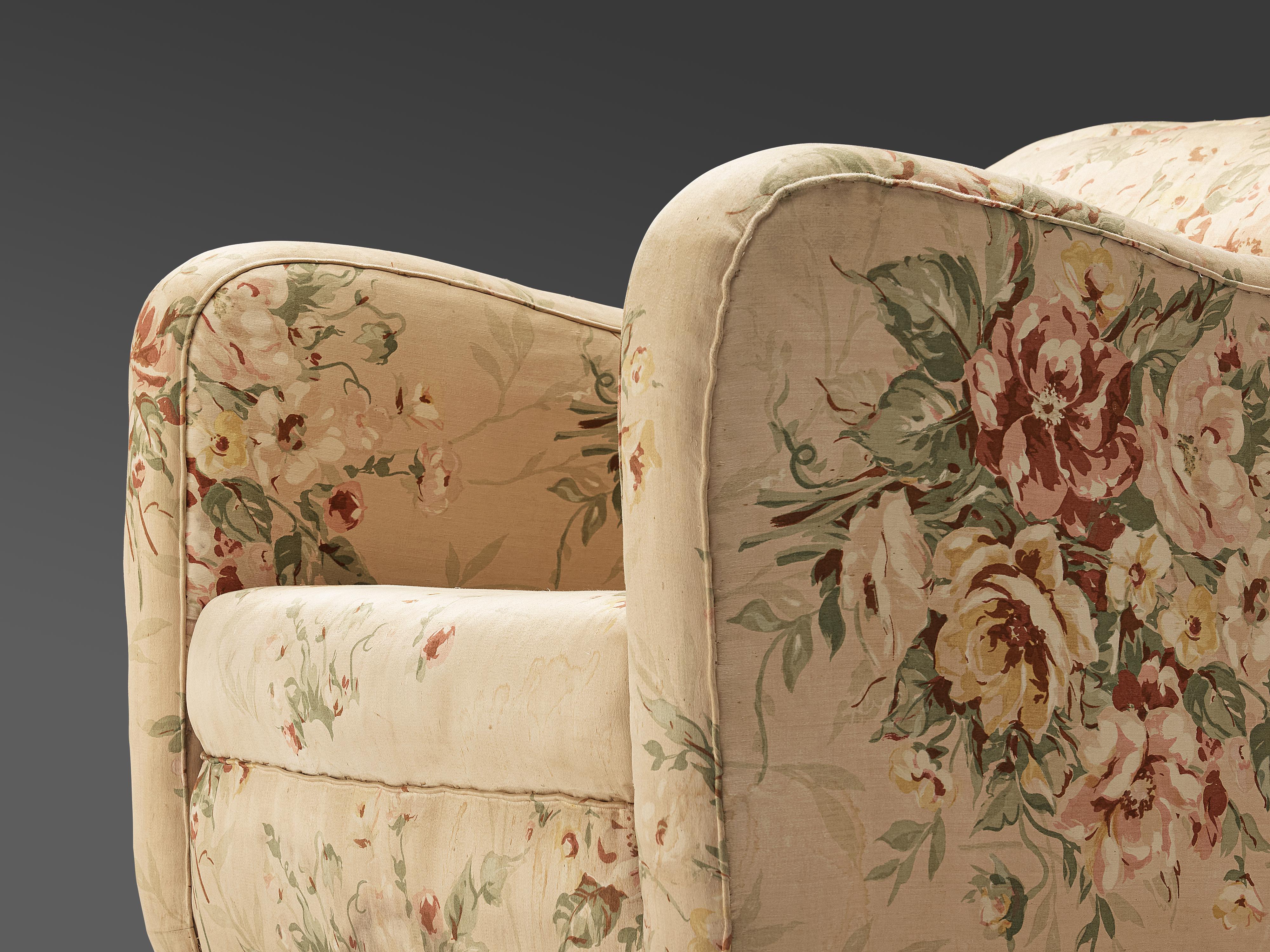 Italian Melchiorre Bega Pair of Lounge Chairs and Ottoman in Floral Upholstery