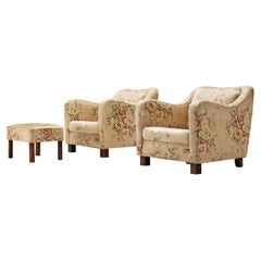 Melchiorre Bega Pair of Lounge Chairs and Ottoman in Floral Upholstery