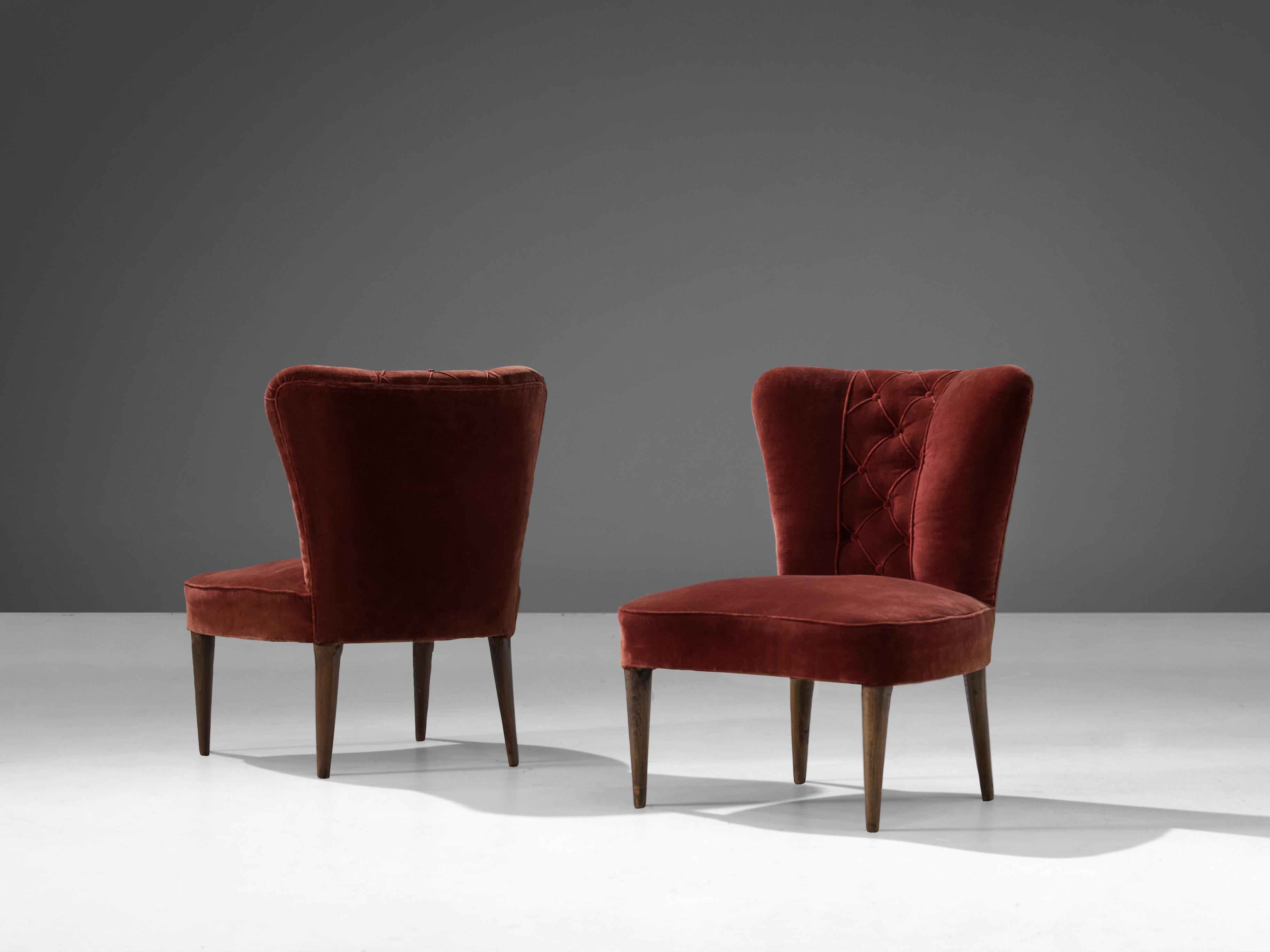 Italian Melchiorre Bega Pair of Side Chairs in Red Velvet Upholstery