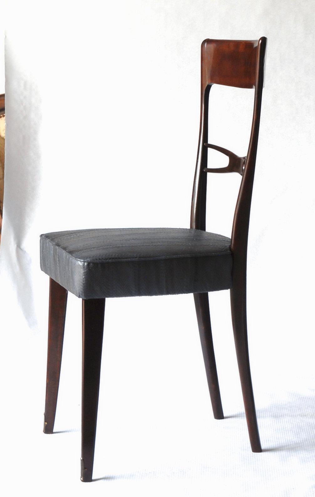 Mid-Century Modern Melchiorre Bega Six Dining Chairs Glossy Finish, water snake skin box seated 50s
