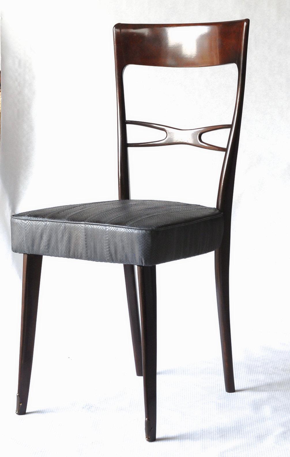 Italian Melchiorre Bega Six Dining Chairs Glossy Finish, water snake skin box seated 50s