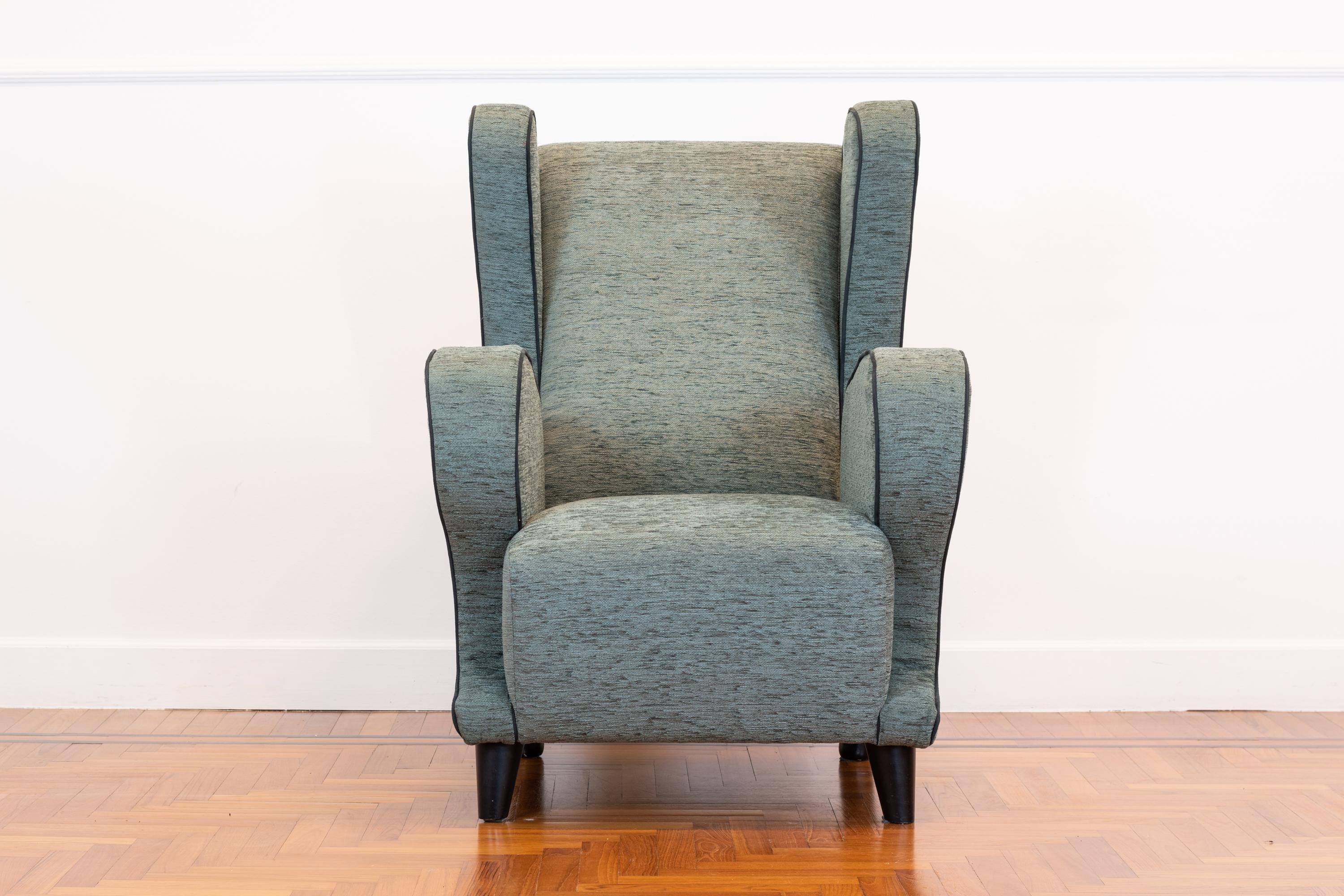Midcentury style armchair designed by Melchiorre Bega in 1940s for Poltronova, Italy.
Armchair with lacquered wood structure and upholstered fabric in a nice grey shade.

 