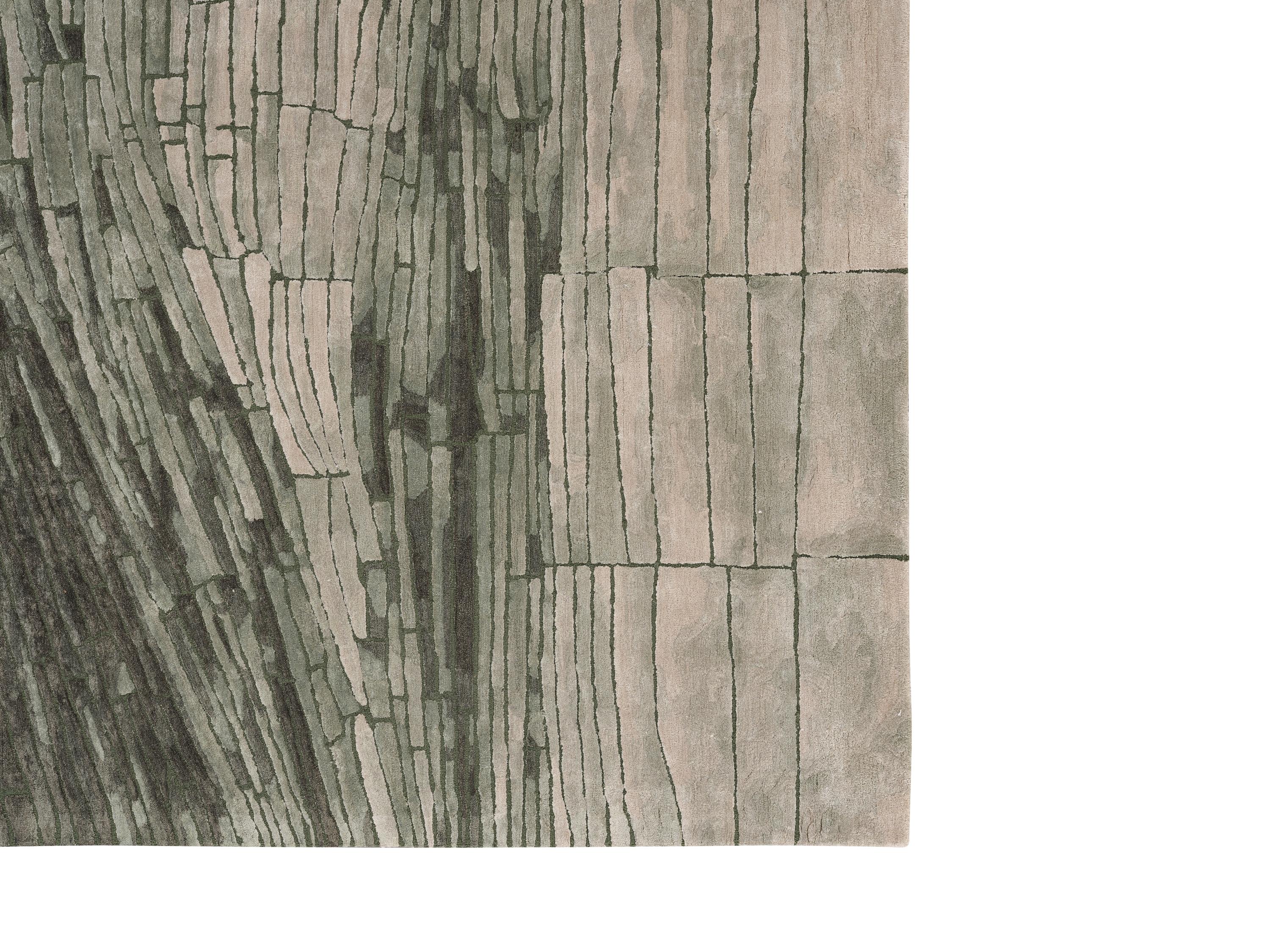 XXIe siècle et contemporain Tapis contemporain MELD en laine et soie touffeté à la main de couleurs vertes et grises par Hands en vente