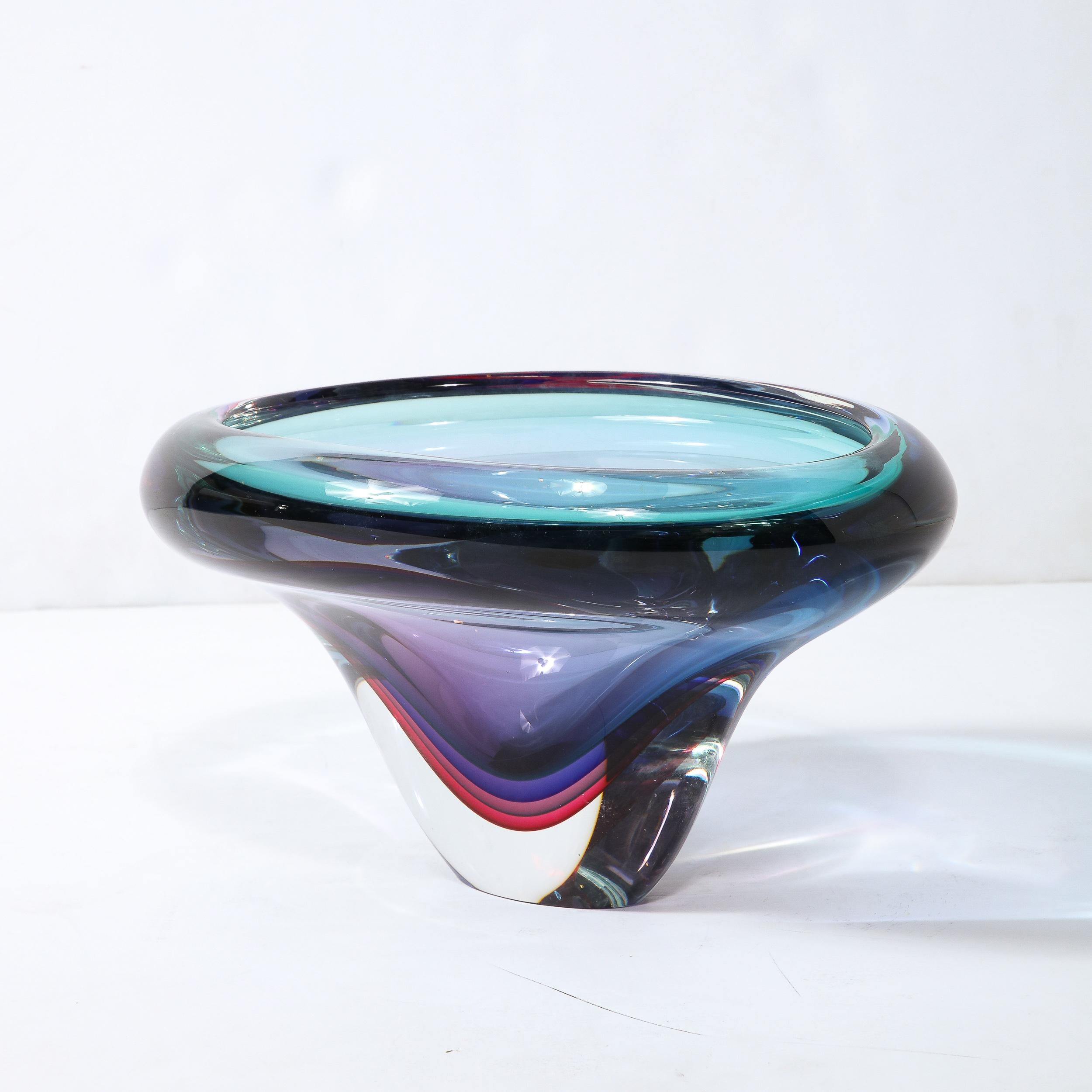 Italian Melded Sapphire, Rubellite and Acquamarine Hued Murano Glass Bowl by Signoretti