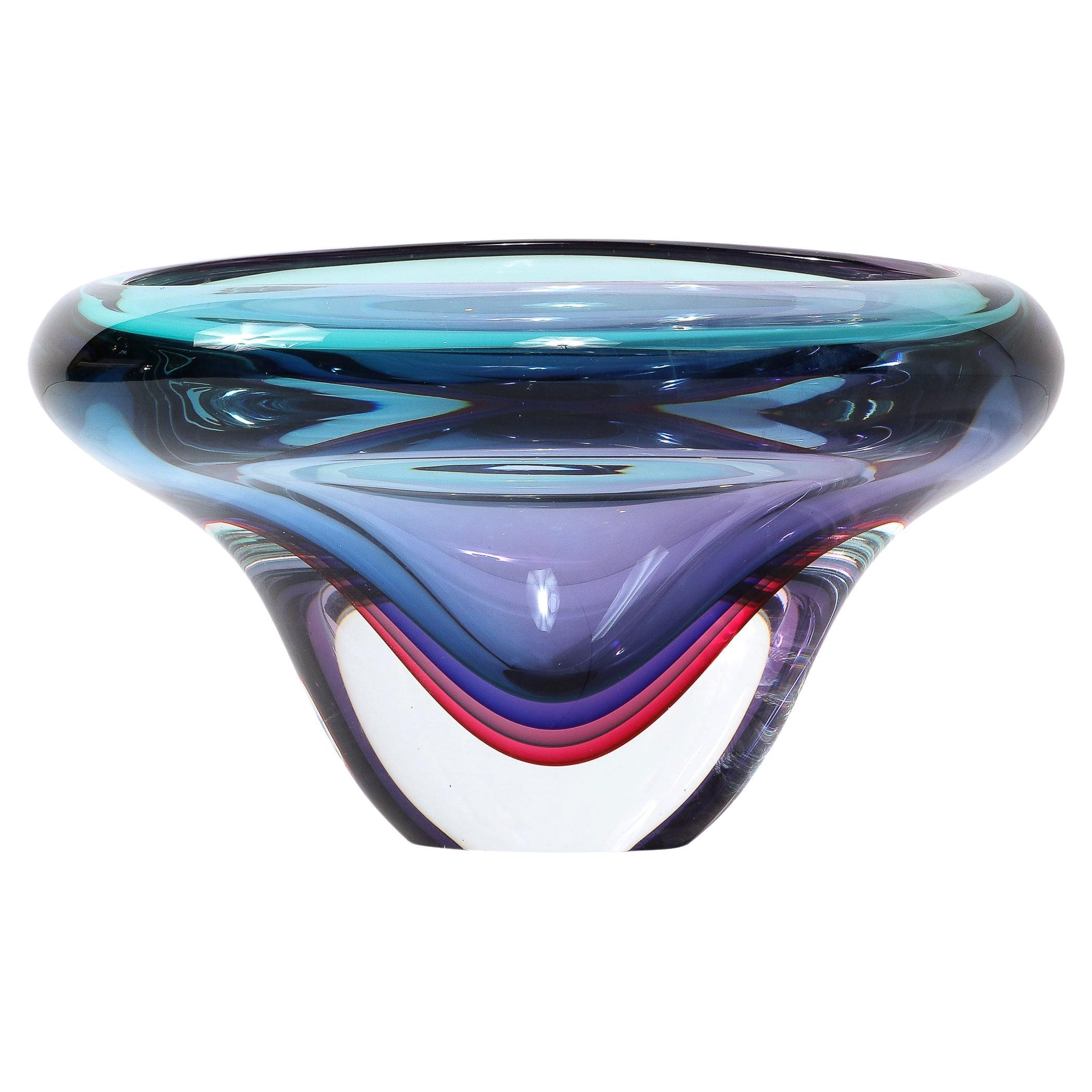 Melded Sapphire, Rubellite and Acquamarine Hued Murano Glass Bowl by Signoretti