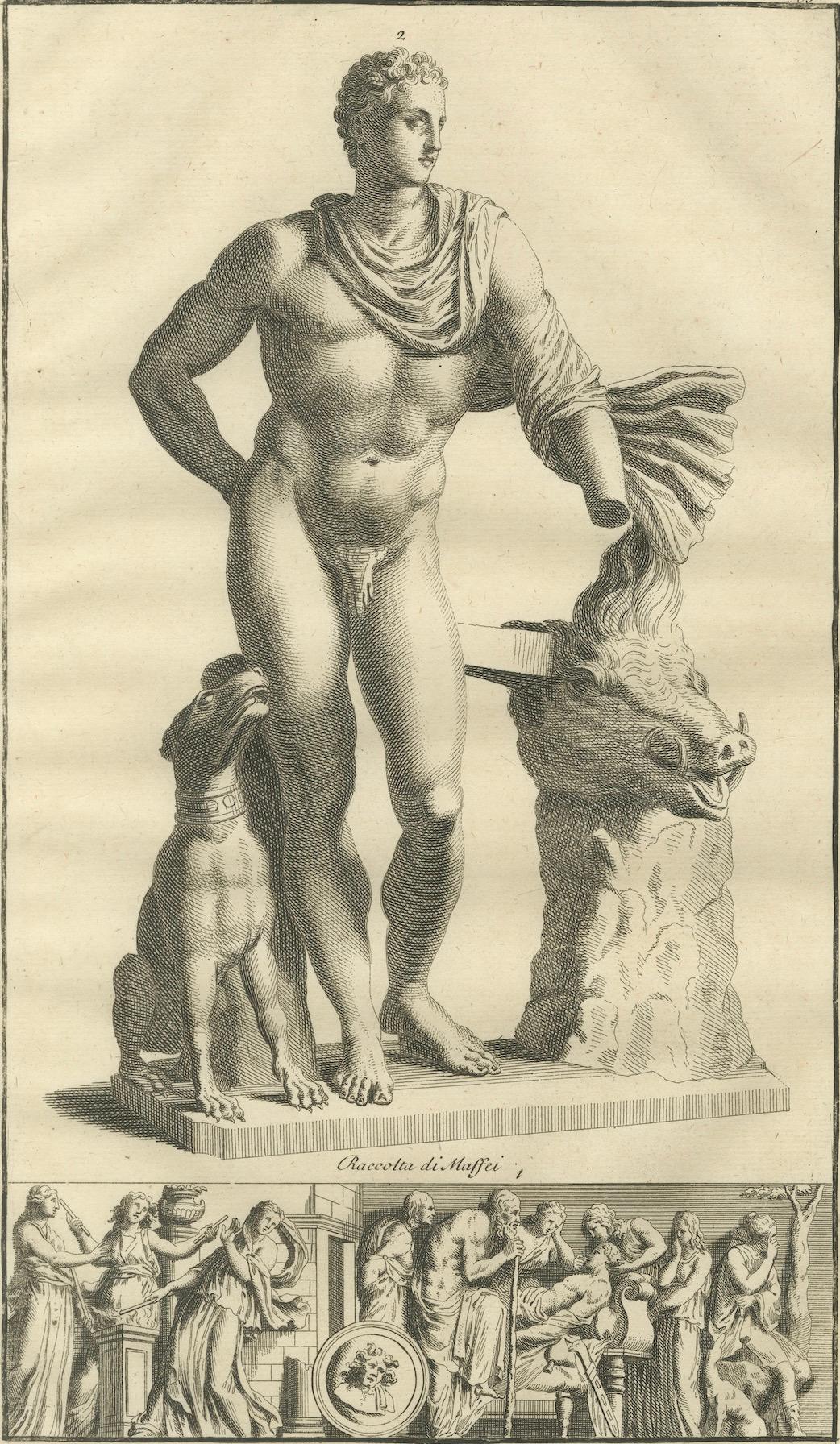 Meleager and the Calydonian Boar Antique Engraving, Montfaucon 1721
