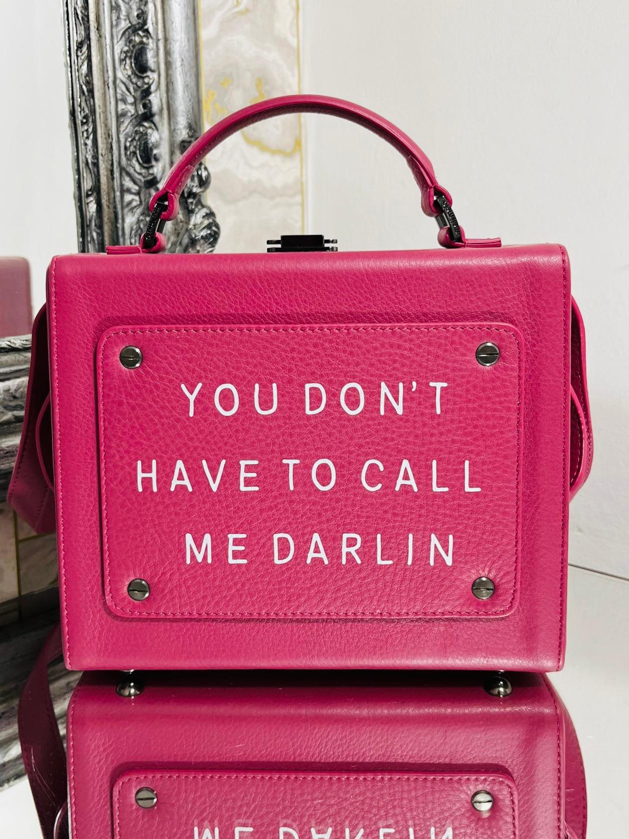Meli Melo Leather Art Bag

Pink box case leather bag form the 'Art Collection' collaboration with Melissa Del Bono,

Frederica Fanari and Oliva Steele. With wording 'You Don't Have To Call Me Darling'.

Carry top handle and removable crossbody