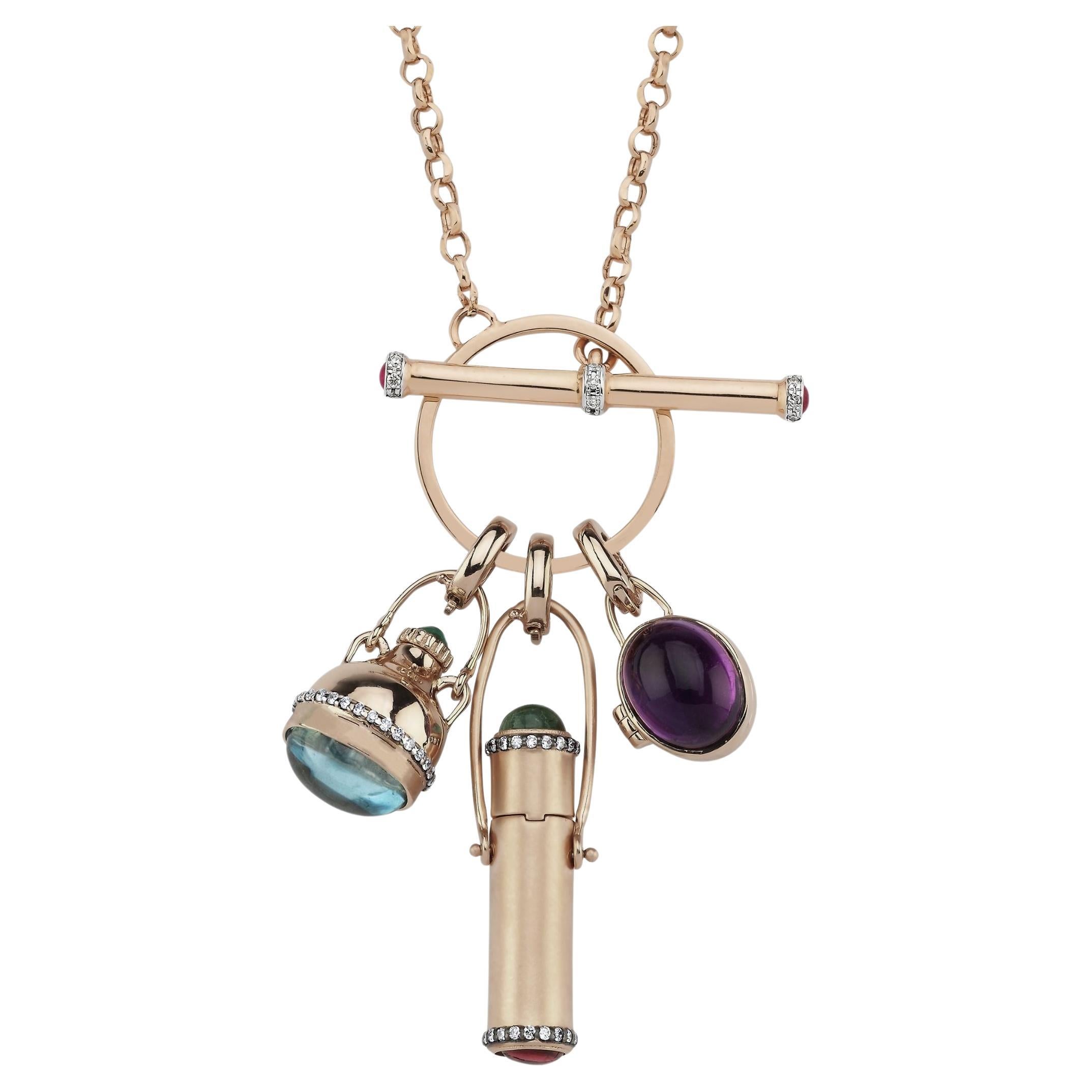 Melie Jewelry Chatelaine Charm Necklace with 14K Gold & Diamond & Gemstones
