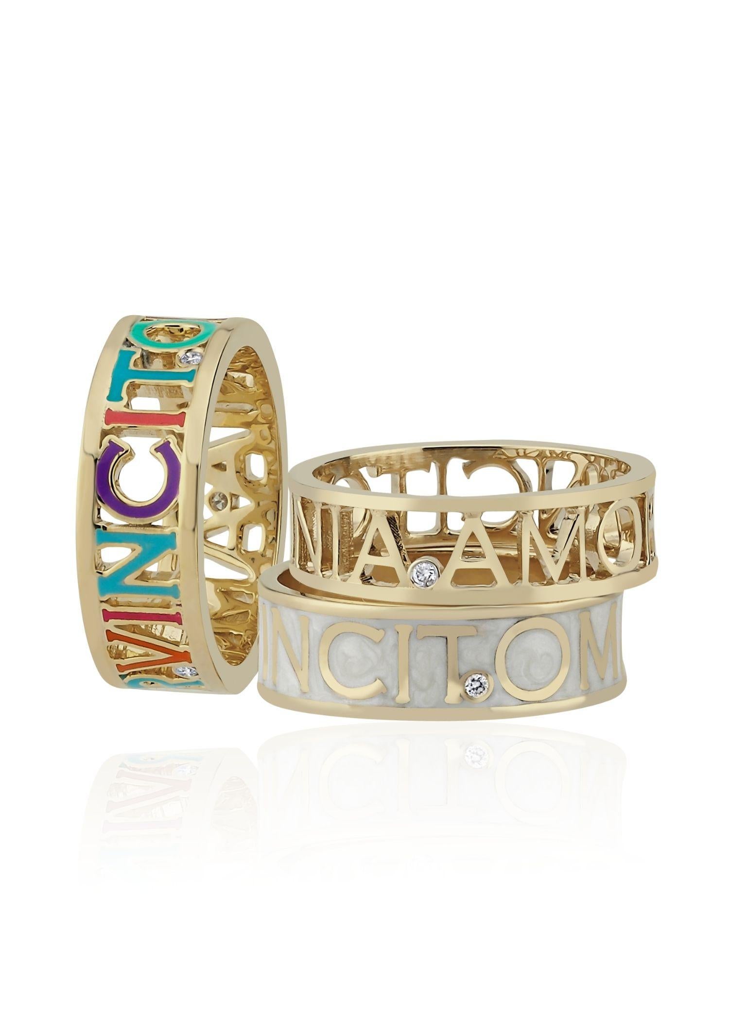Brilliant Cut Melie Jewelry Amor Vincit Omnia Ring In 14K Gold & Diamond  For Sale