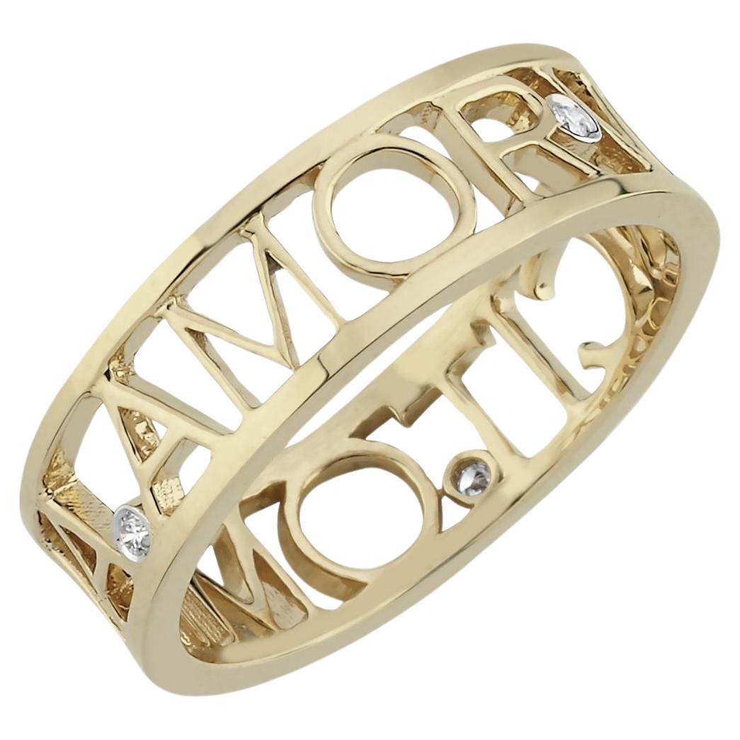 Melie Jewelry Amor Vincit Omnia Ring In 14K Gold & Diamond  For Sale