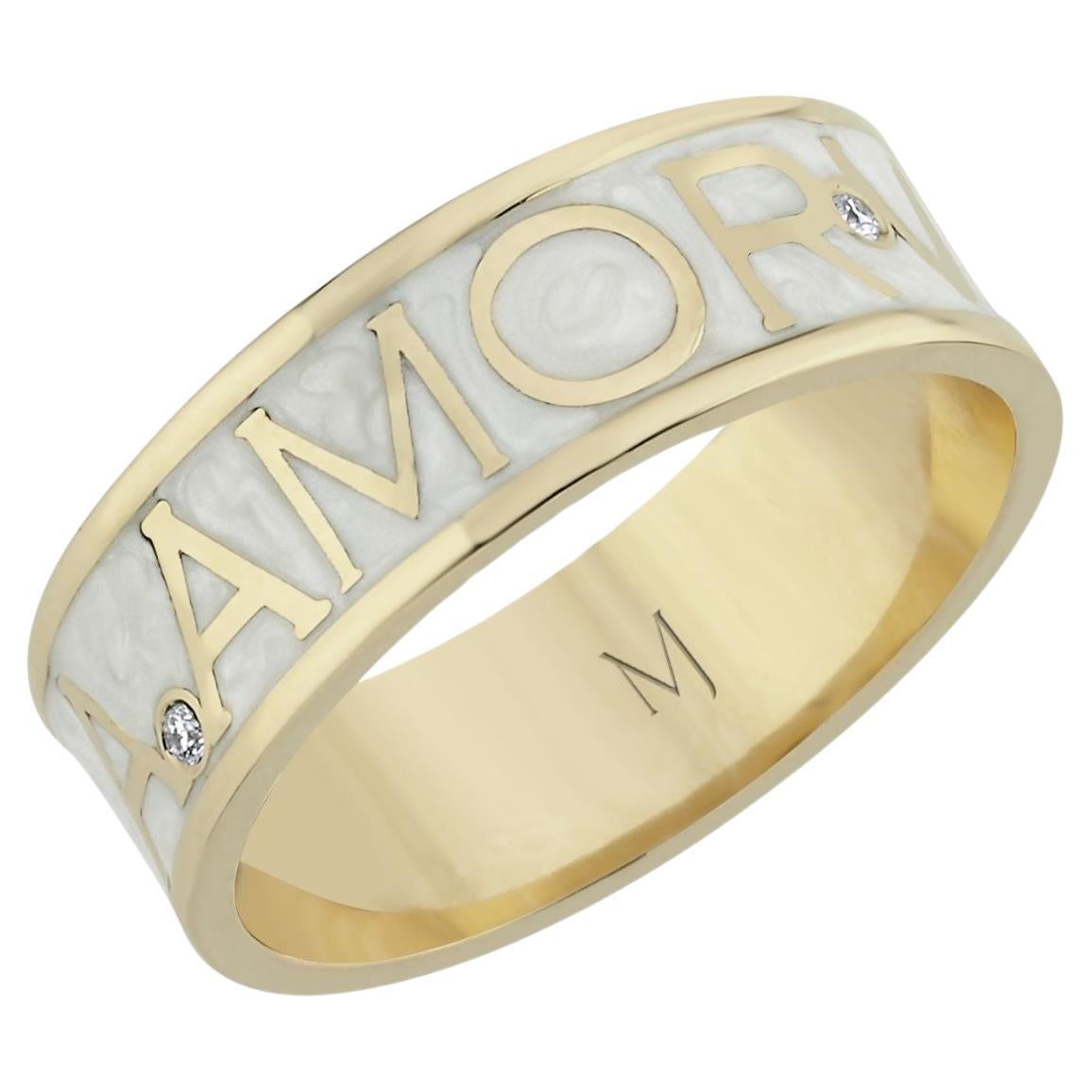 Melie Jewelry Amor Vincit Omnia Ring aus 14 Karat Gold mit Diamanten und Perlen-Emaille