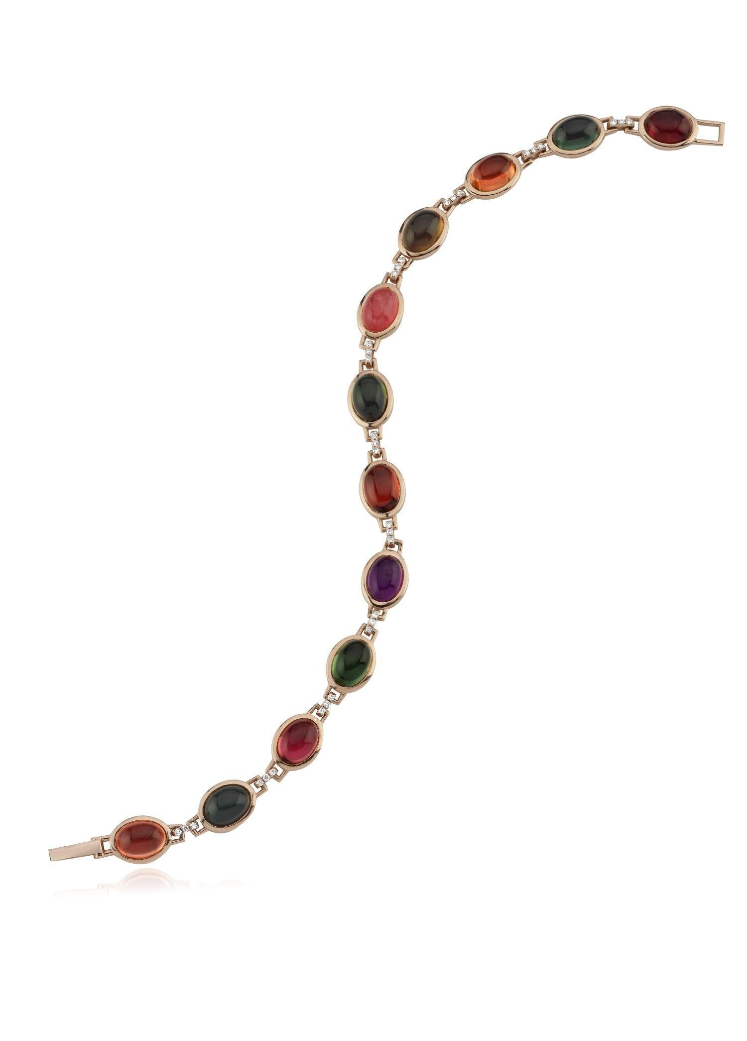 Melie Jewelry Gem Bracelet

14K Rose Gold, 0.13 ct White Diamond, 12.46 ct Tourmaline

The Story Behind
There is no other like the gold bracelet adorned with colorful gemstones and diamonds from Melie Jewelry's 