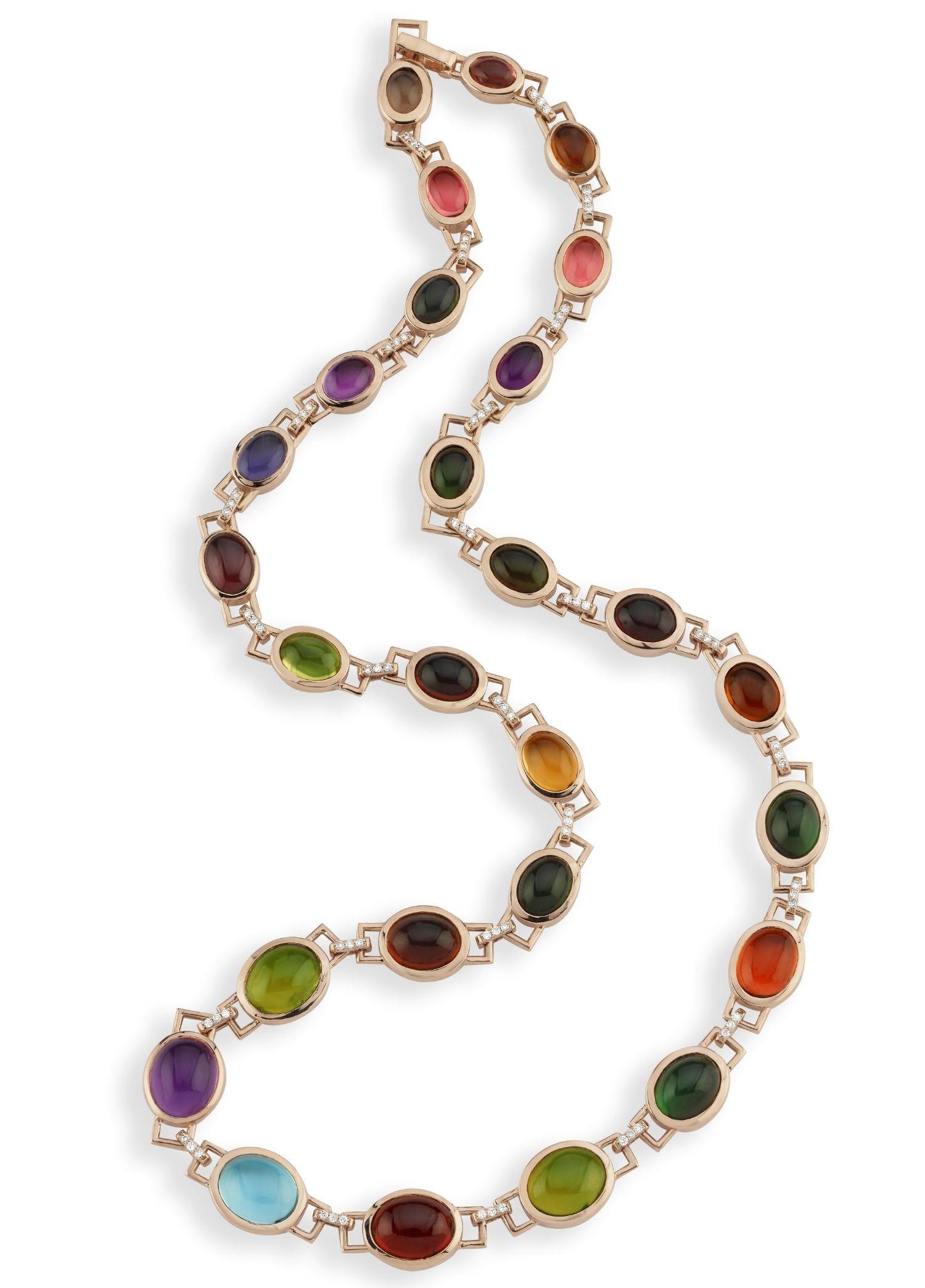 Melie Jewelry Gem Choker Necklace

18K Rose Gold, 0.42 ct White Diamond, 46.04 ct Tourmaline

The Story Behind
There is no other like the gold choker adorned with colorful gemstones and diamonds from Melie Jewelry's 
